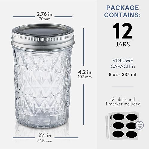 Miniatura 2 de Paquete de 12 tarros de vidrio de boca regular de 8 onzas con tapa y bandas de sellado, recipiente hermético para encurtidos, enlatados, velas,