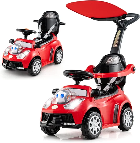 Costzon Push Car for Toddlers, 3 in 1 Stroller Sliding Walking Car with Handle, Canopy, Seat Belt, Horn, Music & Lights, Under-Seat Storage, Guardrail, Foot-to-Floor Ride On Toy for Boys Girls (Red)