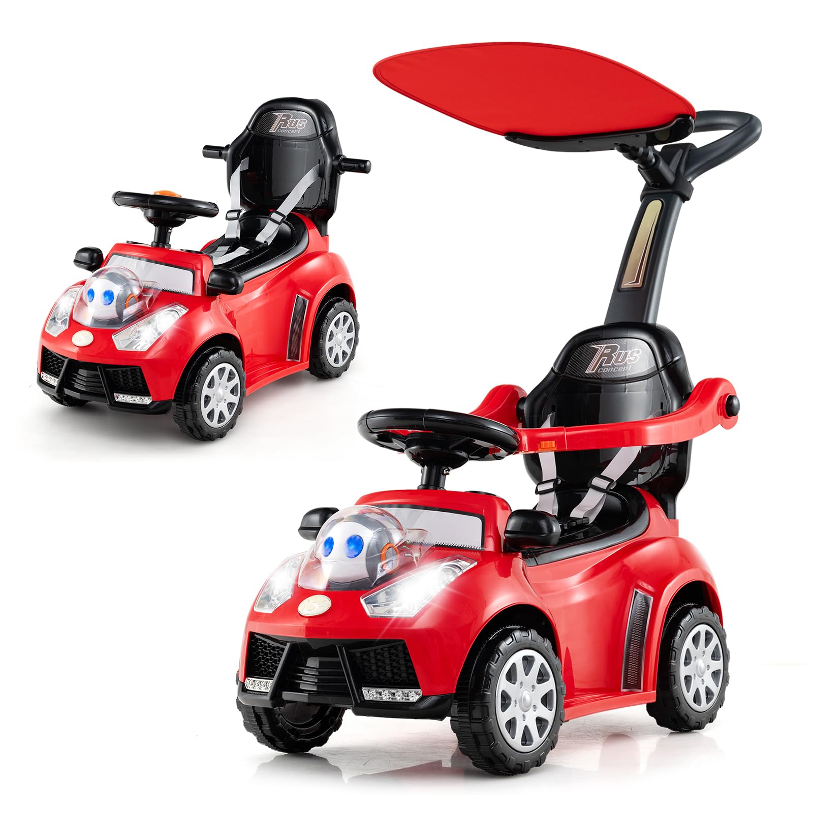 COSTWAY Ride on Push Car, 3 in 1 Baby Foot to Floor Slider with Removable Push Handle & Guardrail, Adjustable Canopy, Horn, Music, Light, Underneath Storage, for 12-36 Months (Red)