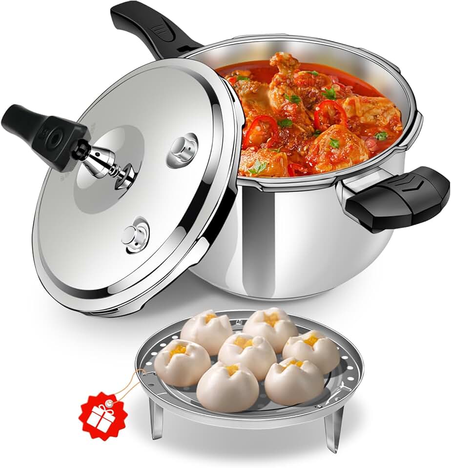6QT Stainless Steel Pressure Cooker, Heavy Duty Food Grade 304 Pressure Canner with Safety Valve & Heat-Resistant Handle, Compatib