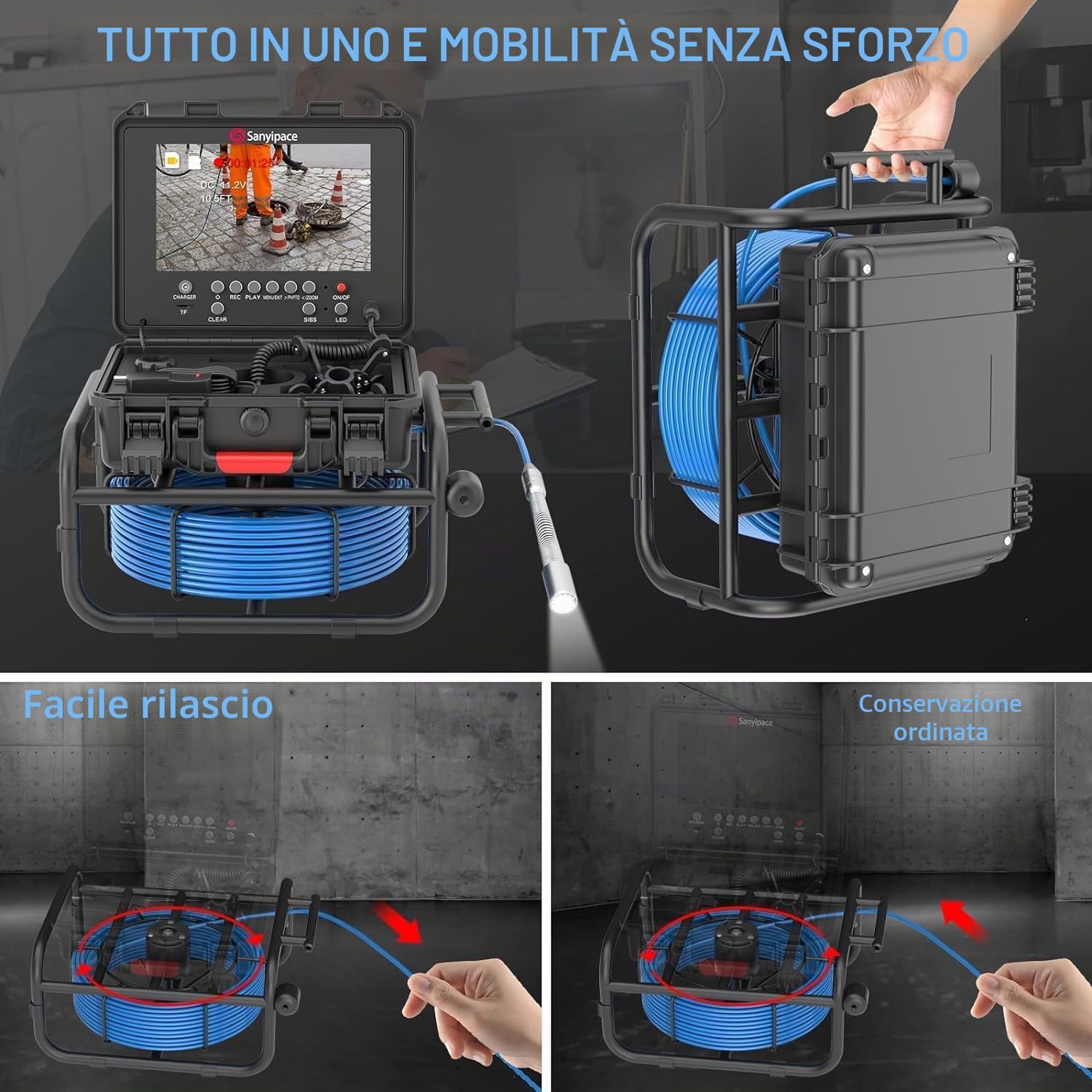 Telecamera per Ispezione tubi 30M,Sanyipace Telecamera di Ispezione tubi con DVR,IP68 Telecamera per Fognatura Impermeabile,Schermo Colori da 9" con Contatore di Distanza,Professionale Video Ispezione