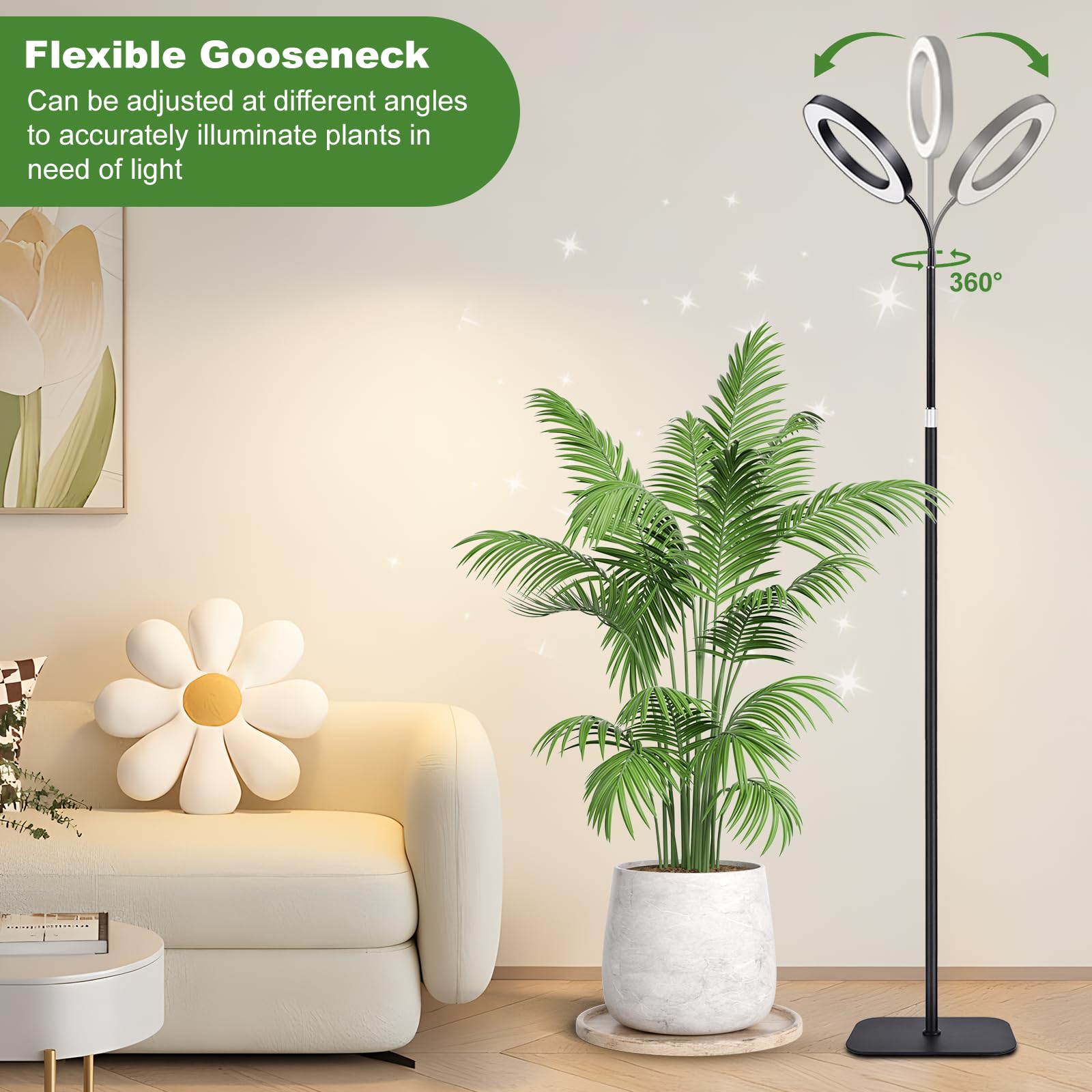 Neueste Pflanzenlampe, 96 LEDs Vollspektrum Pflanzenlich mit Standfuß, 3 Farben Grow Light mit 3/9/12H Auto-Timer & 360° flexibler Schlauch, 58-170 cm Höhenverstellbar für Zimmerpflanzen