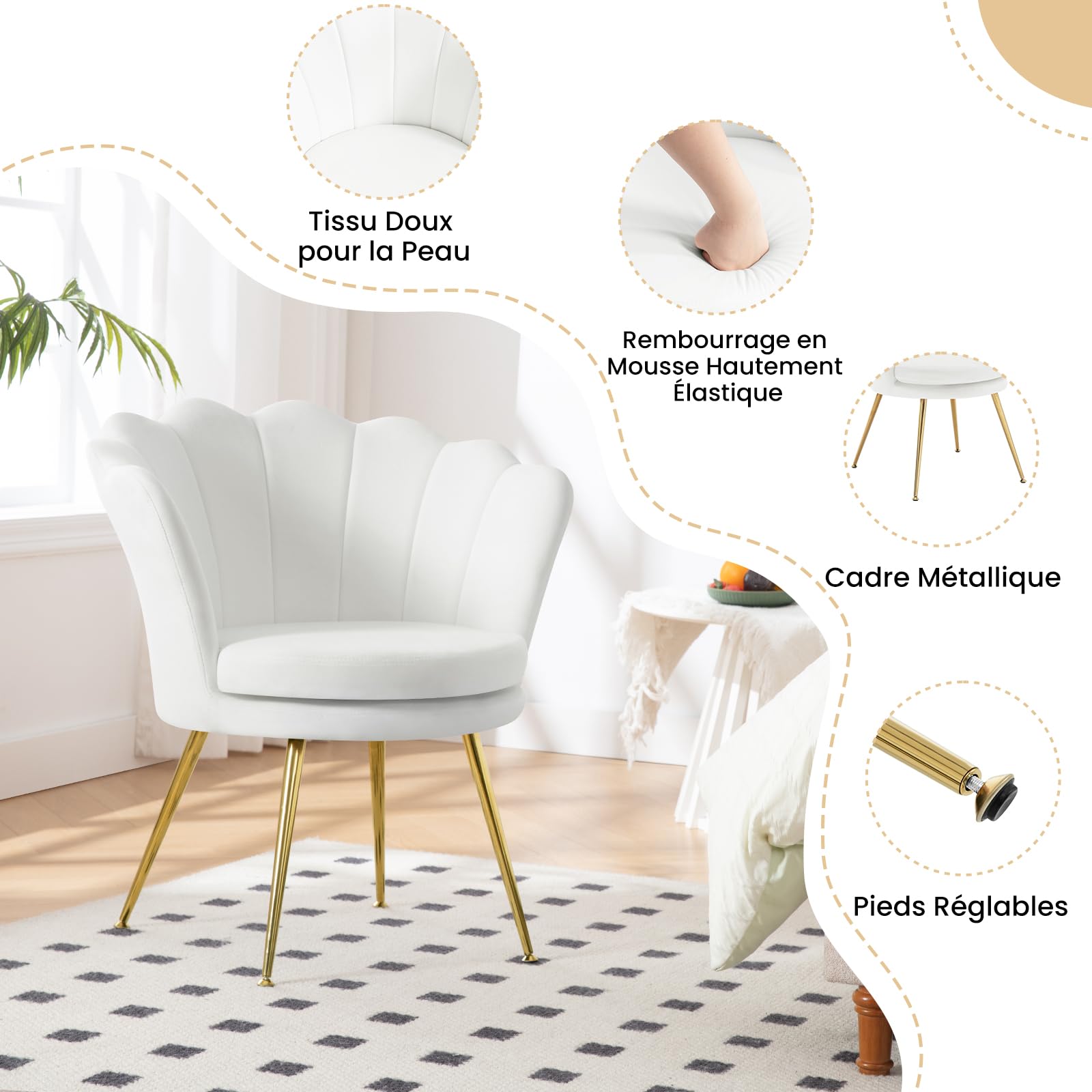 WOLTU Fauteuil Salon, Fauteuil Coquillage, Dossier en Forme de Pétale, en Velours, Pieds en Métal, Blanc, SKS49ws