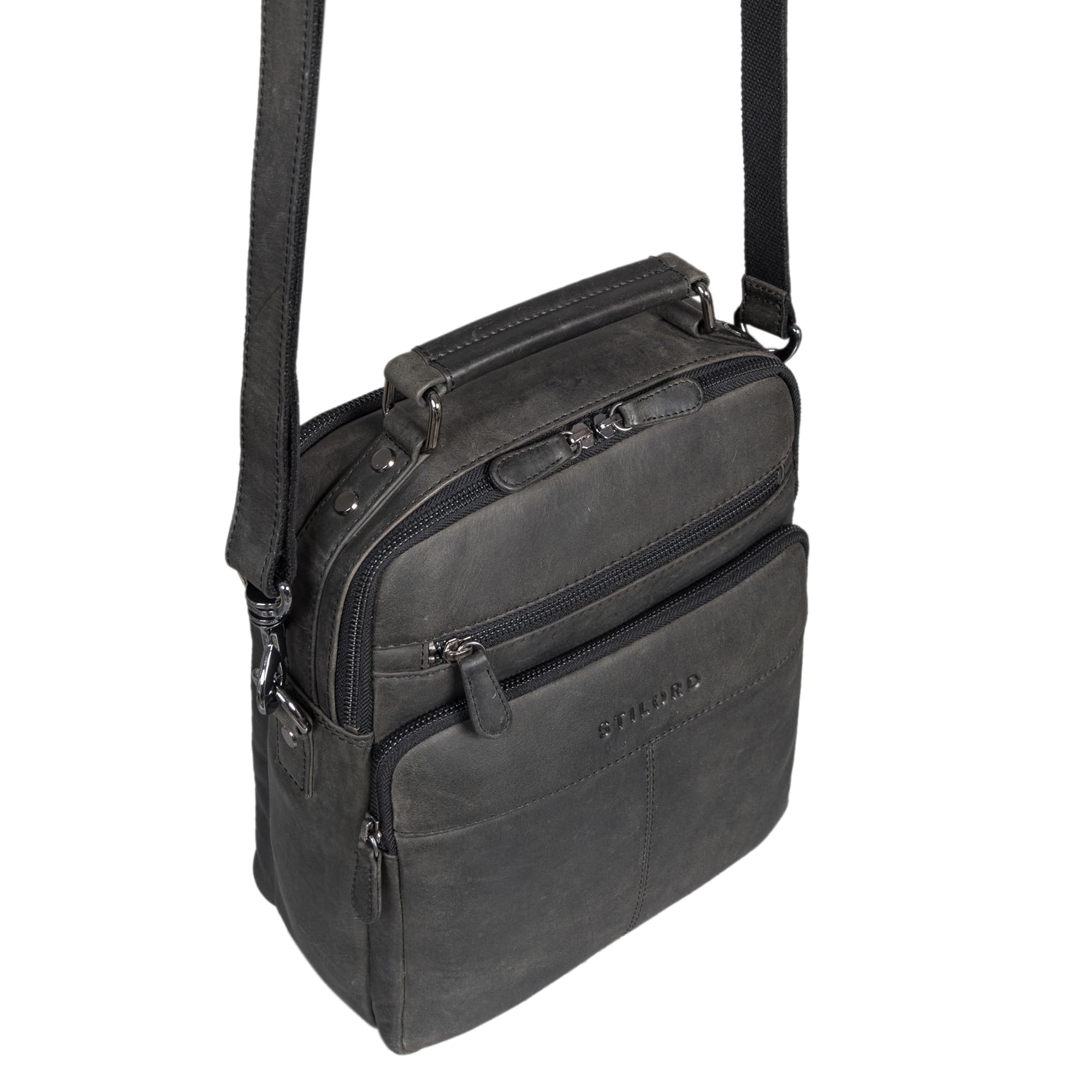 STILORD 'Joe' Bolso de Moda para Hombre Cuero Bolsos de Hombro de Cuero auténtico para Estudiante Tablet Piel Auténtica Mensajero, Color:Carbon - Gris