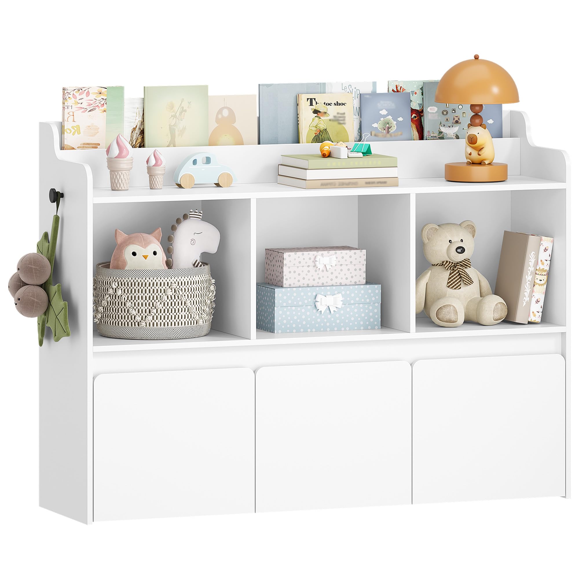 Hzuaneri Libreria per bambini con portariviste, mobile contenitore con 3 vani aperti e 3 scatole portaoggetti su ruote, camera bimbi, soggiorno, studio, 30×108×80 cm, bianco KB26003X