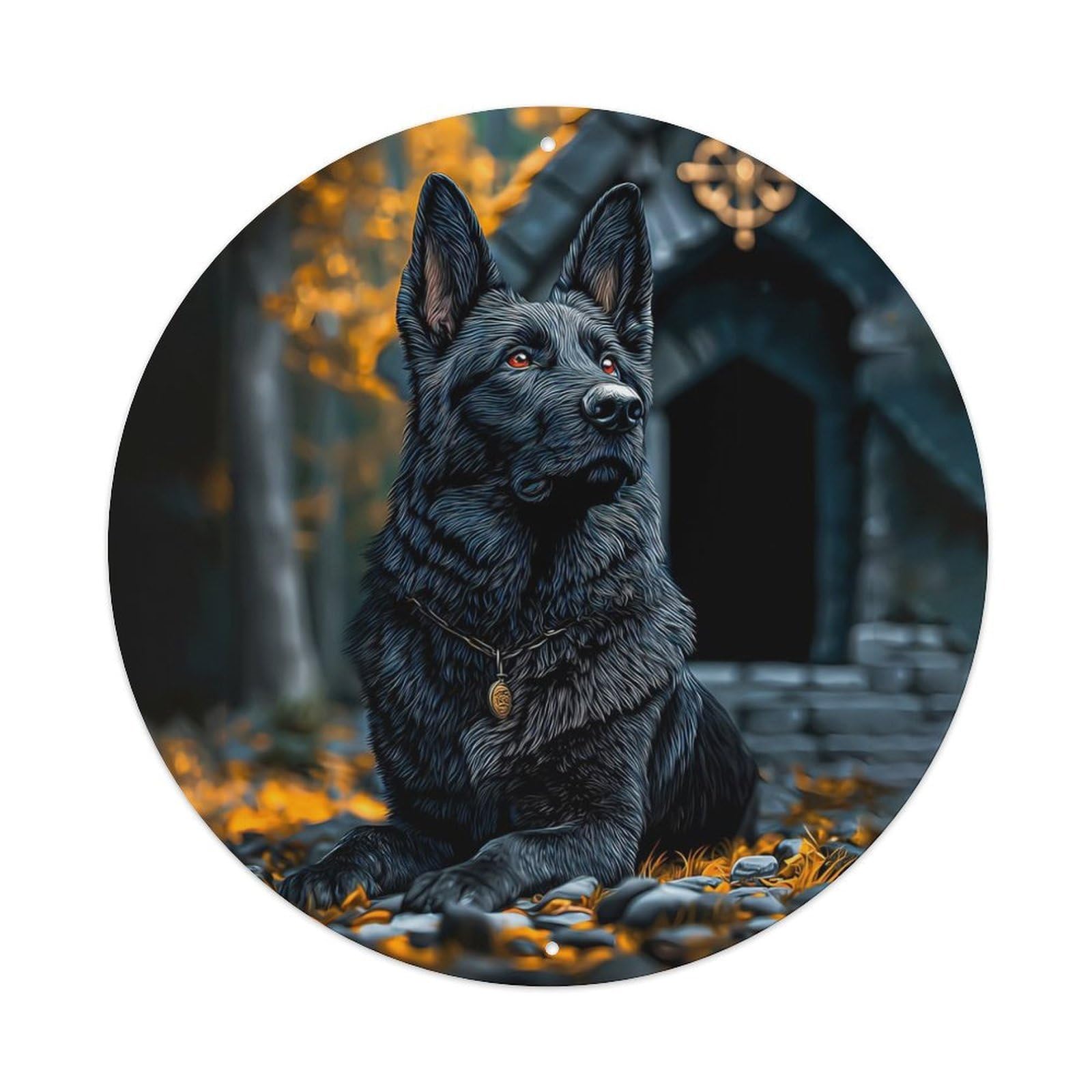 Animal Black German Shepherd Mystery Autumn Forest Stone Cottage Vintage Metal Tin Sign Plaque Wall Decor for Cafe, Club Bar, Office, Garden Metal Poster 8x8Inch
