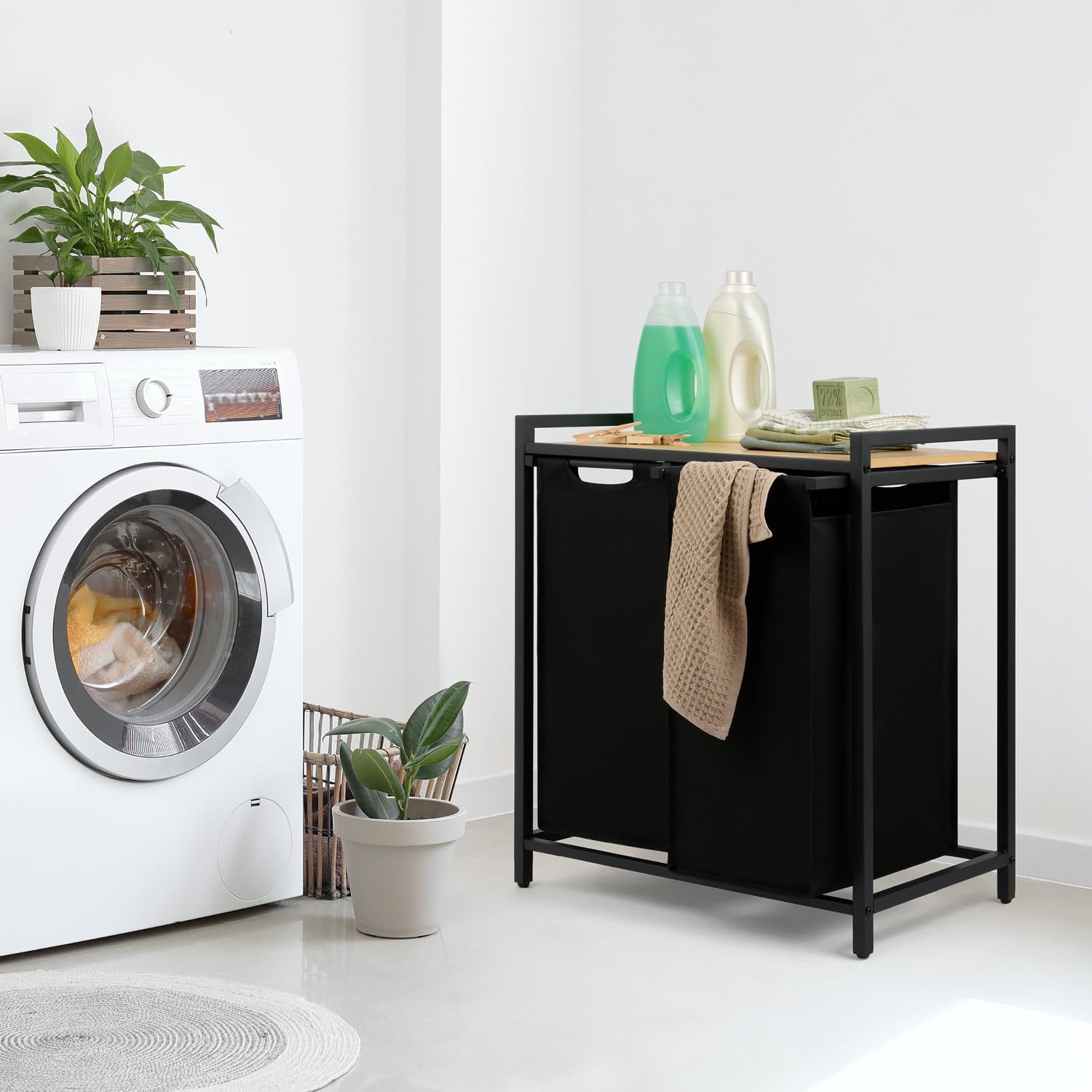 Blumtal cesto biancheria sporca 2 scomparti in grigio per organizzare - cesta portabiancheria design scomparti estraibili con ripiano superiore in materiale effetto cemento - struttura in metallo nero