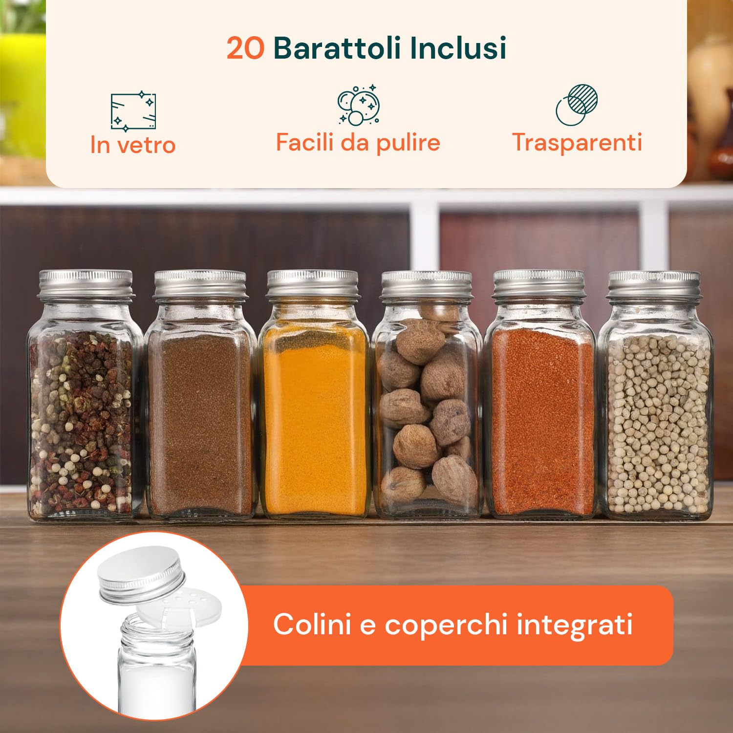 Avilia - Porta Spezie per Cucina con 20 Barattoli Vetro, Struttura Estraibile Salvaspazio, Etichette Impermeabili, Imbuto Silicone e Penna Inclusi