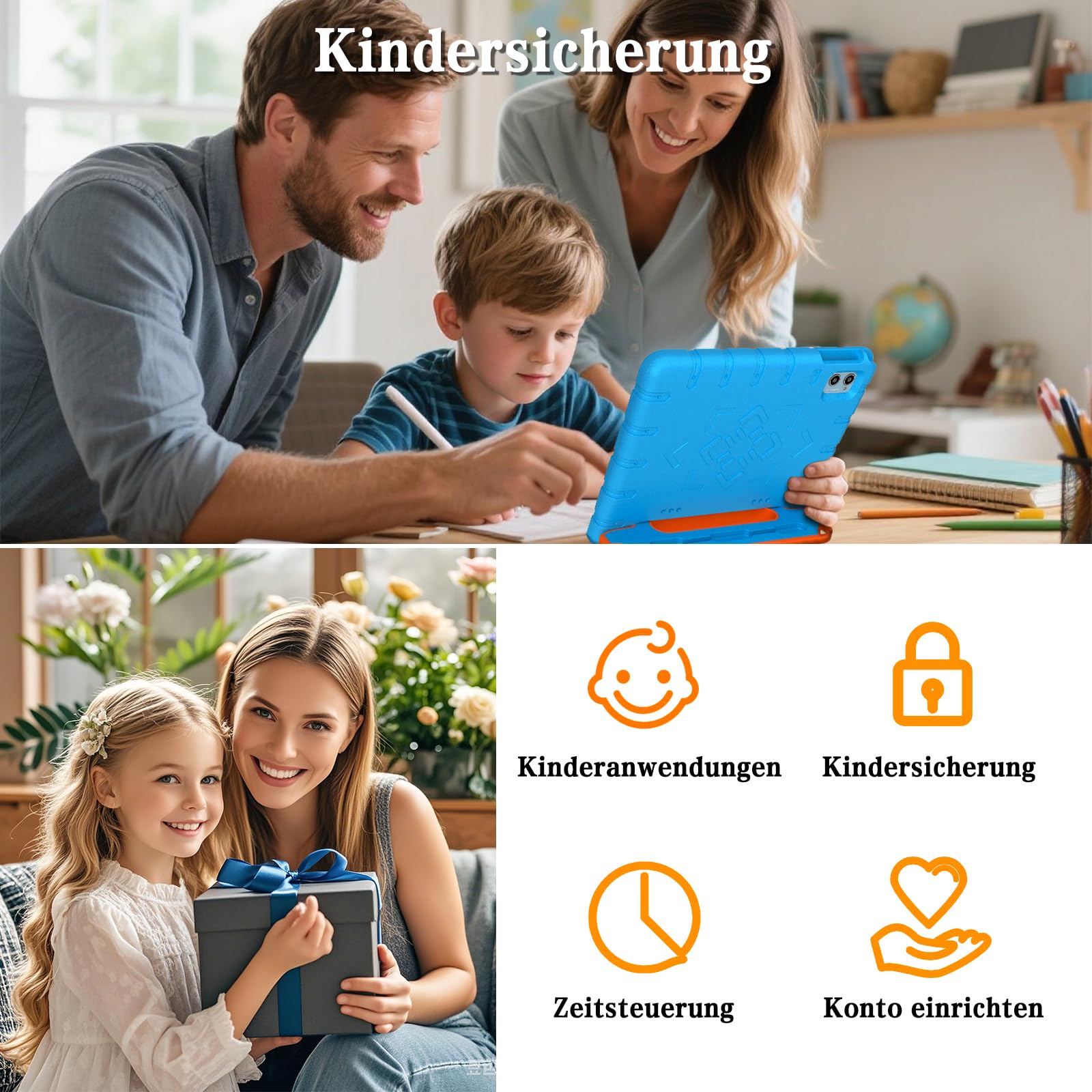 ZIOVO Kinder Tablet 10 Zoll Android 15 mit 30GB RAM+TF 2TB, 5G WiFi, Gemini AI, Octa-Core, Widevine L1, GPS, Face ID, Kindersicherung, iWAWA, 6000mAh, BT 5.0, Kids Tablet mit Eva Case - Blau
