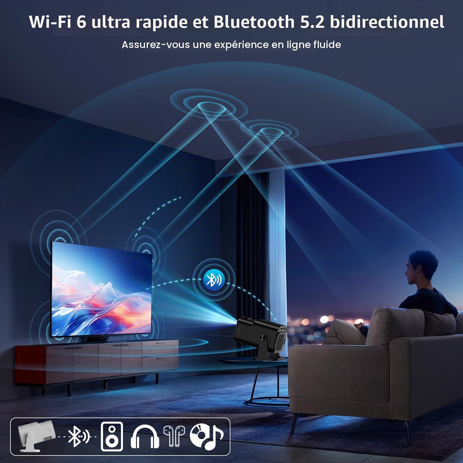 Vidéoprojecteur 4K 1080P WiFi 6 et Bluetooth 5.4 Rotation 180°, Noir | App intégrée, Mini Projecteur Portable, Auto Keystone, Compatible Con HDMI/TV Stick/Laptop