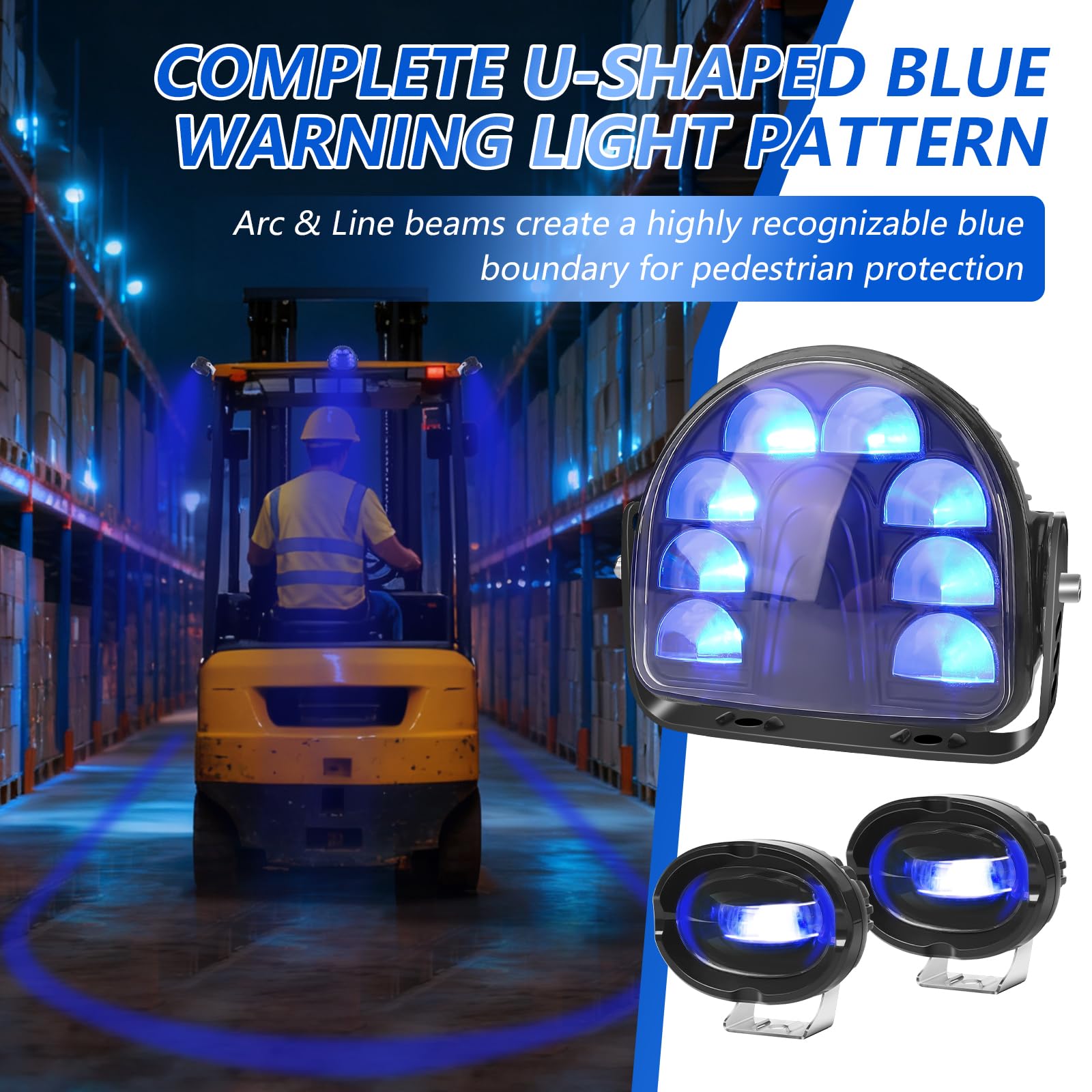 Chelhead Bleu Éclairage Sécurité LED Chariot Élévateur Ligne + Arc 10–80V | 3 feux LED avec 2 lignes droites et 1 arc faisceau LED haute visibilité pour améliorer la sécurité des chariots élévateurs