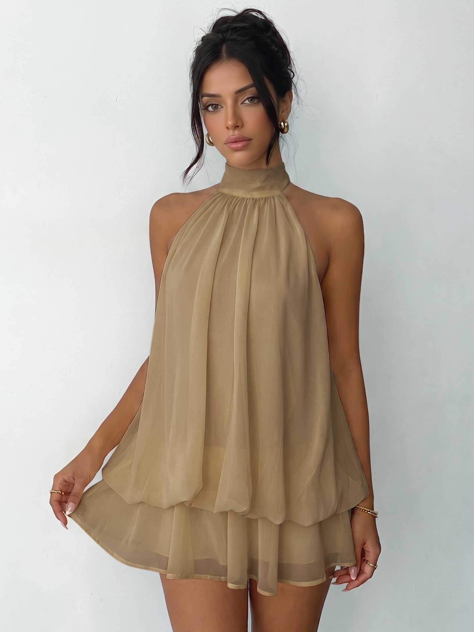 Robe Femme Chic et Elegant Été Robes Courte Ample Col Halter sans Manches Sexy Mini Robe Dos Nu à Nouer Casual Robes en Mousseline Volants Fluide Dresses pour Soirée Clubbing Plage Vacances
