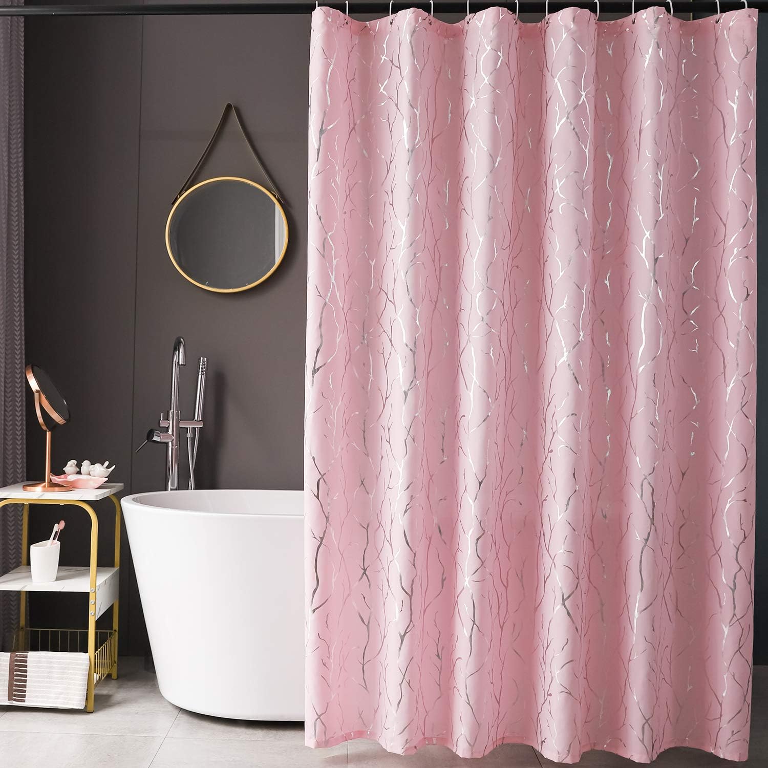 FINECITY Pink Shower Curtain Set Metallic Silver Foil