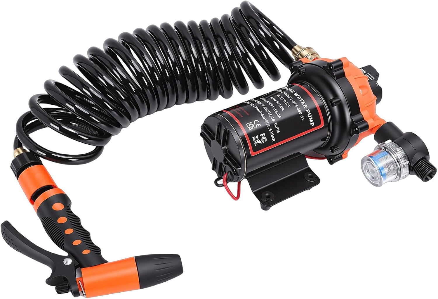 Deck Wash Pump Kit, 12V 7.5 GPM 80 PSI RV Marine Washdown Pump with Built in Filter and Pressure Switch, for Boats Campers Travel Trailers Yachts Freshwater Saltwater