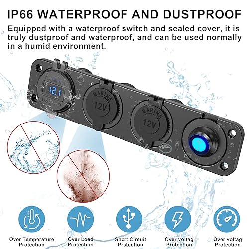 Miniatura 5 de (4 en 1) Panel de enchufe de encendedor de cigarrillos USB de 12 V 78 W 3 puertos USB C 12 V Salida Dual PD 30W y QC 18W Puerto con voltímetro,