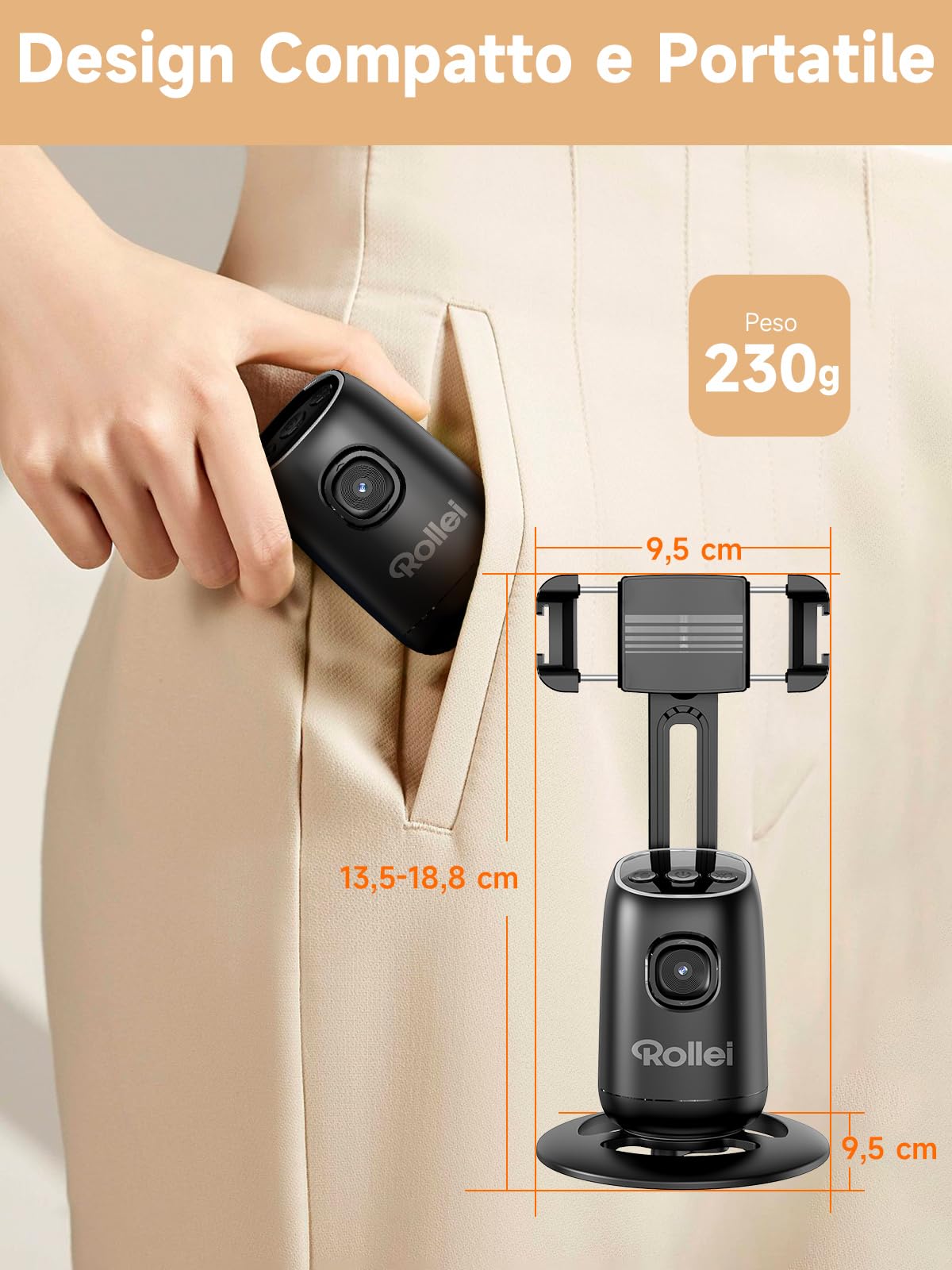 Supporto Smartphone con Tracciamento, Rollei Easy Creator Desktop Auto Tracking Treppiede Stabilizzatore Telefono 360 per Tiktok Live Streaming Video Vlog, Supporto-Smartphone-Treppiede-Stabilizzatore