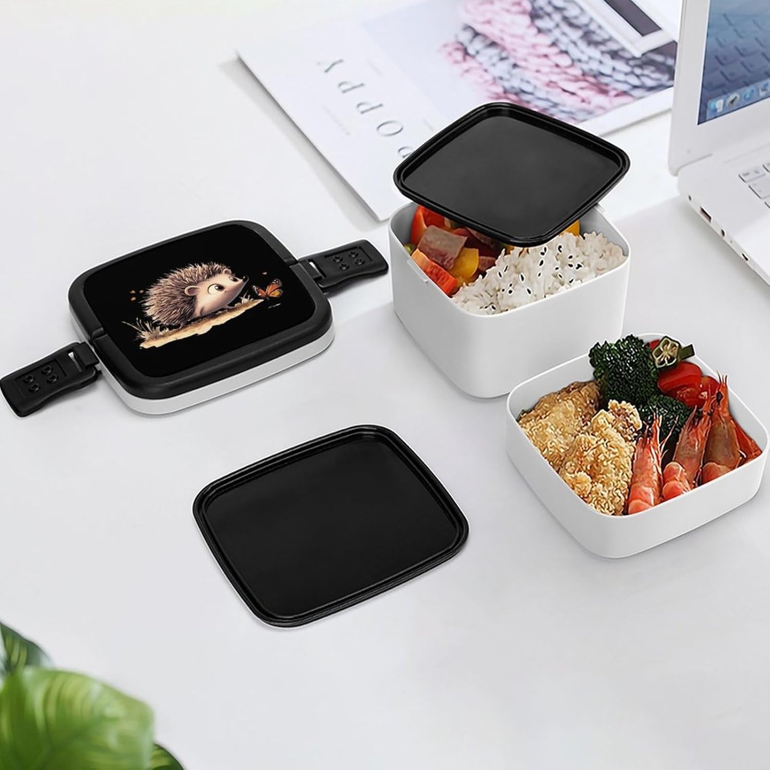 Hedgehog Butterfly Bento Box with Spoon 2 Layer Food Container Cute Lunch Box for Travel Dining Work