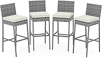 HAPPYGRILL Outdoor Wicker Bar Stools Set of 4 - Patio Bar Height Chairs with Cushions, Footrest, 400 lbs Capacity, Mix Gray Rattan