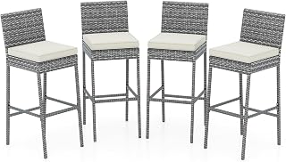 HAPPYGRILL Outdoor Wicker Bar Stools Set of 4 - Patio Bar Height Chairs with Cushions, Footrest, 400 lbs Capacity, Mix Gray Rattan