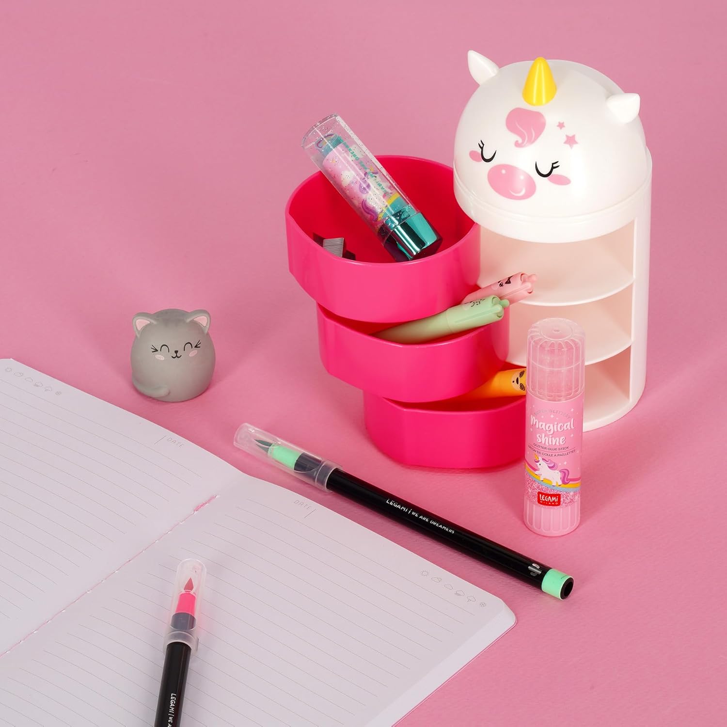LEGAMI - Desk Organiser, Desk Organiser with 3 Side Opening Drawers, Top Compartment with Sliding Closure, Unicorn Motif
