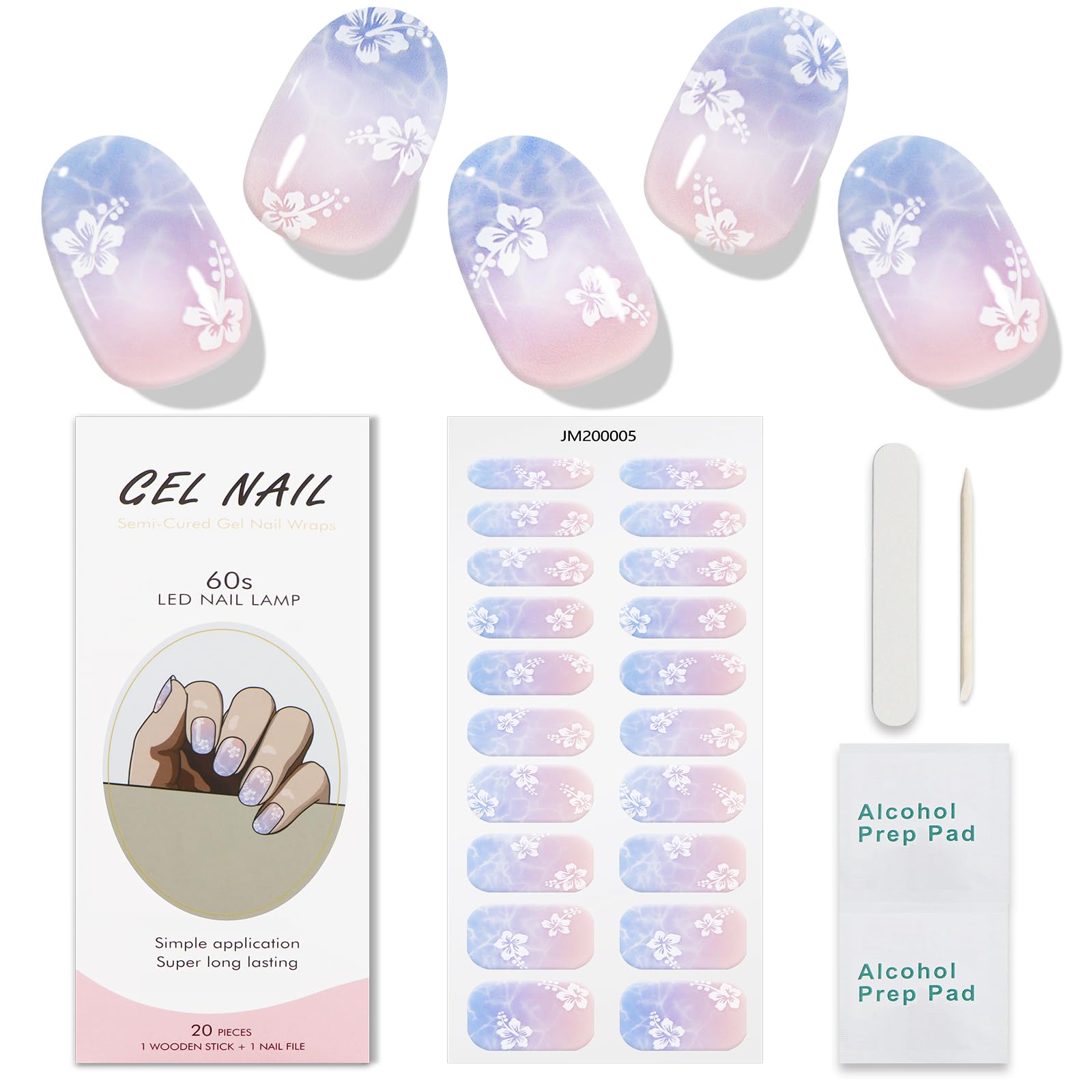 JMEOWIO Gel Nail Stickers Light Purple Pink Flower Semi Cured Gel Nail Strips Wraps UV/LED Nails Art Design Decoration Accessories