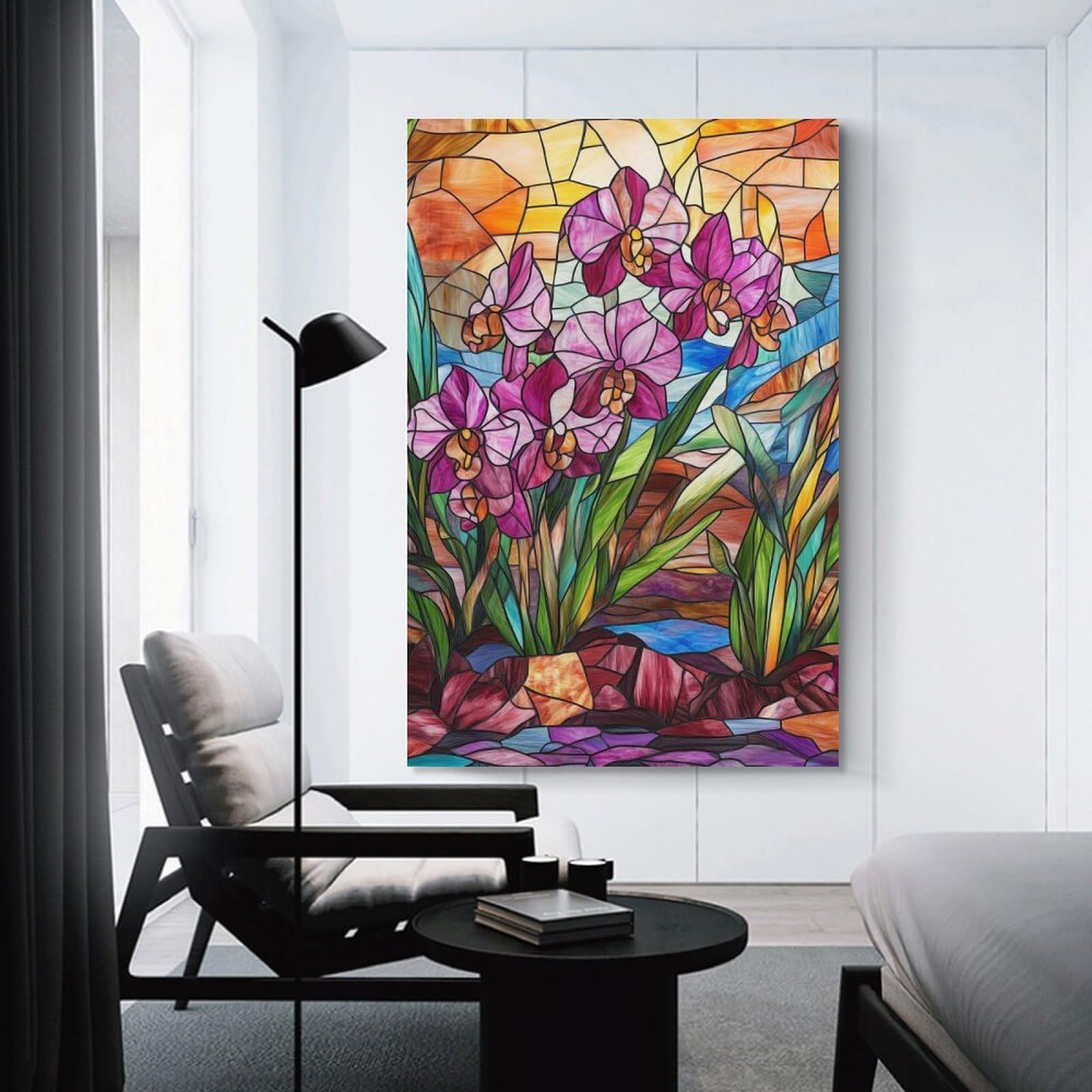 Junmoney Stained Glass Orchid Canvas Wall Picture 24x36inch(60x90cm), for Contemporary Homes, Apartments Or Offices, Wall Decor with Flexible Room Appeal