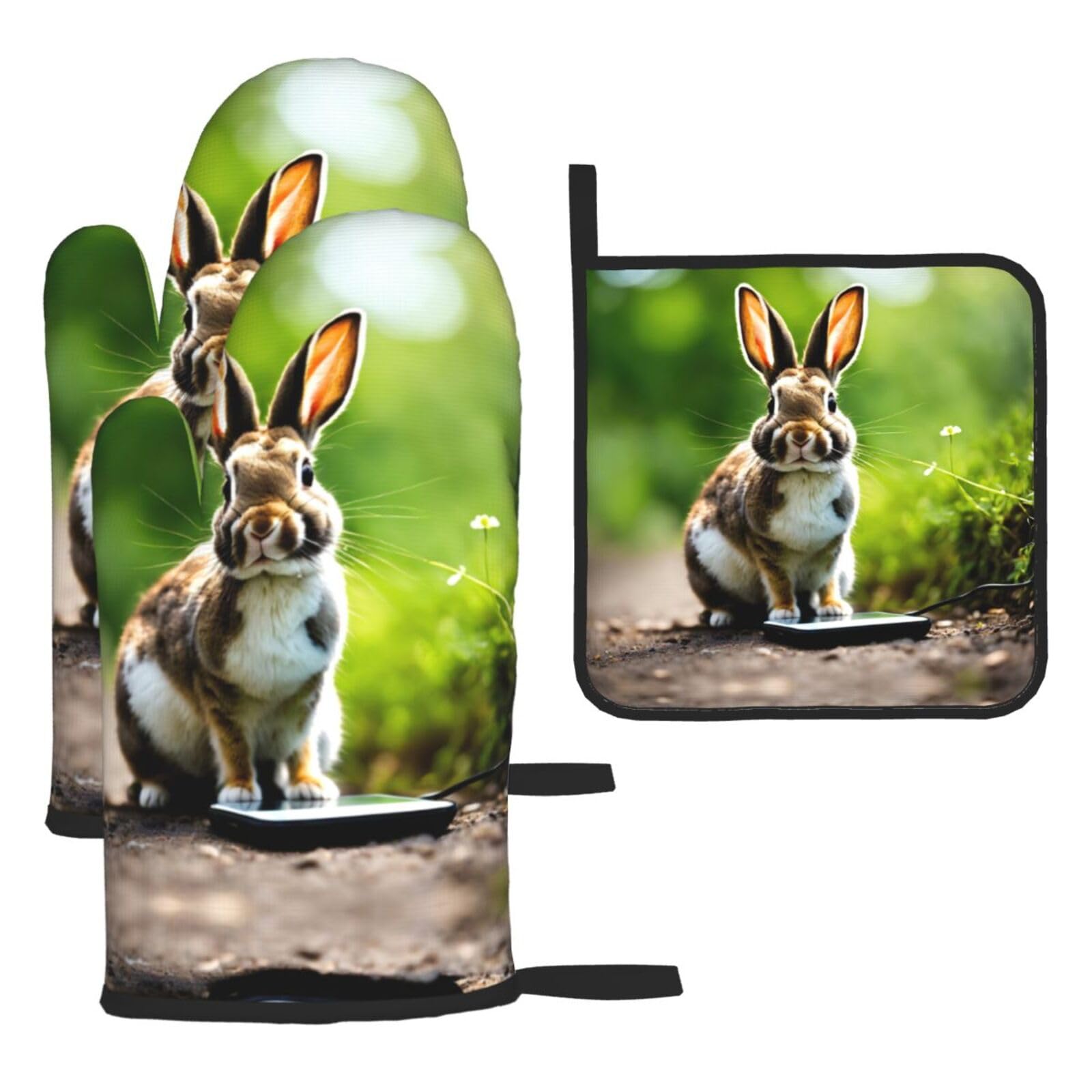 Bunny Rabbits Print Oven Kitchen Gloves For Baking Outdoor Grilling Home Use Mitts Microwaving Bbq