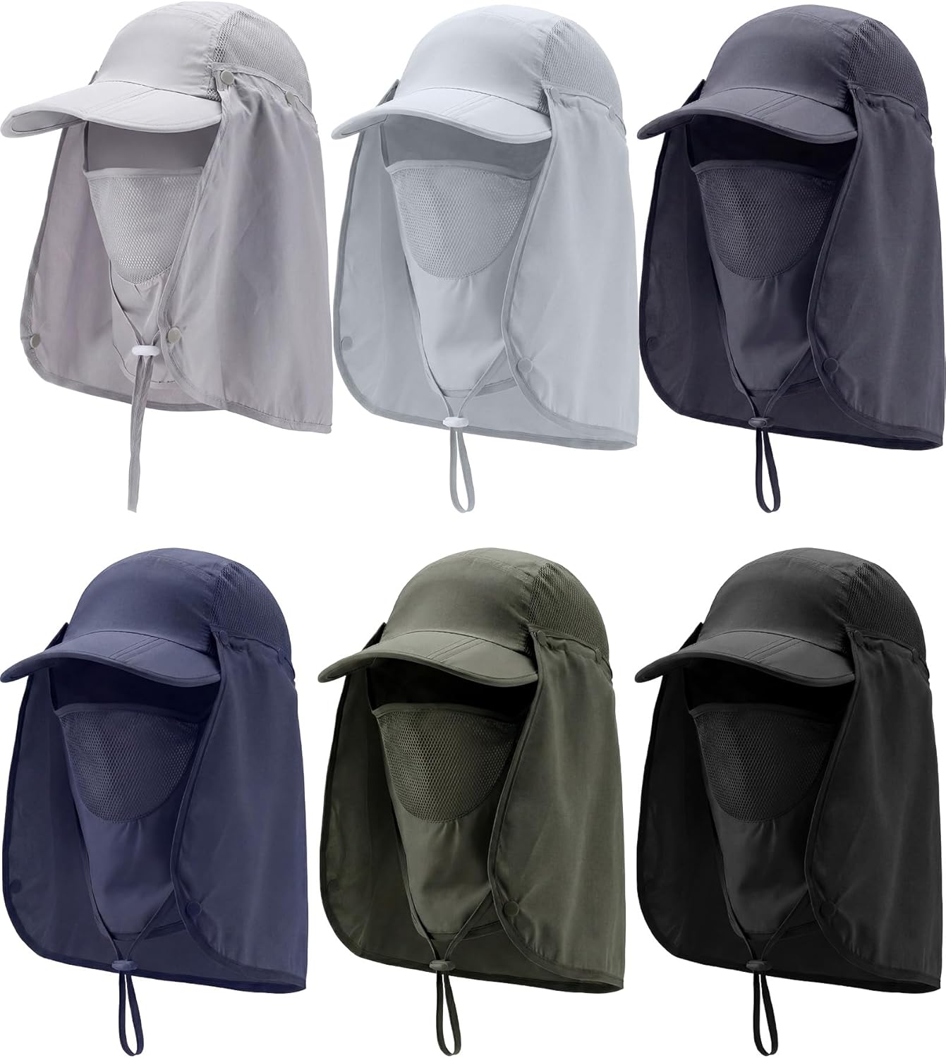 6 Pcs Foldable Sun Cap with Removable Face Mask Neck Flap Baseball Cap Sun Protection Outdoor Summer for Men Women