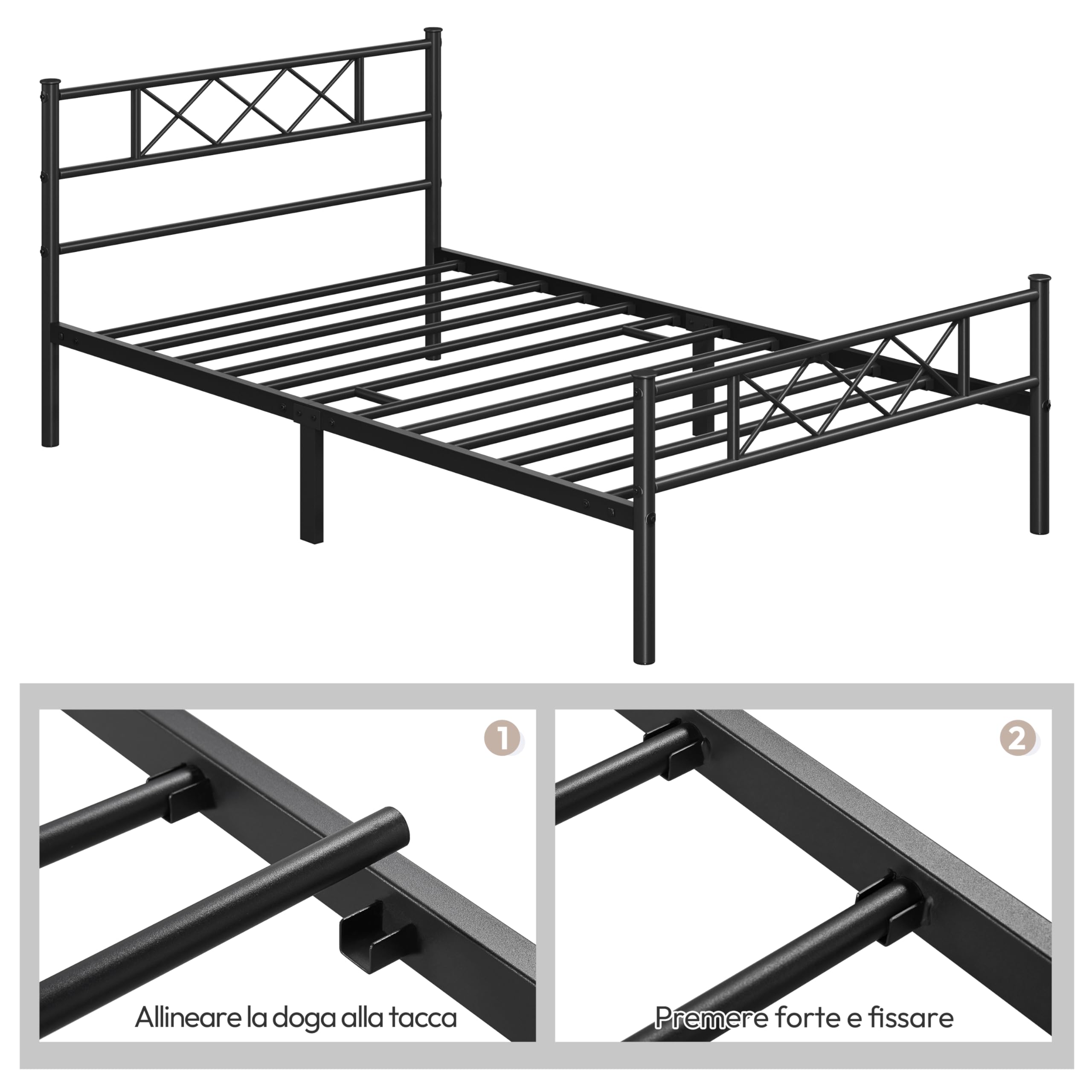 Yaheetech Struttura Letto Singolo in Metallo Ferro con Testiera a Forma di X Telaio con Rete a Doghe per Camera Dormitorio 90 x 190 cm Nero