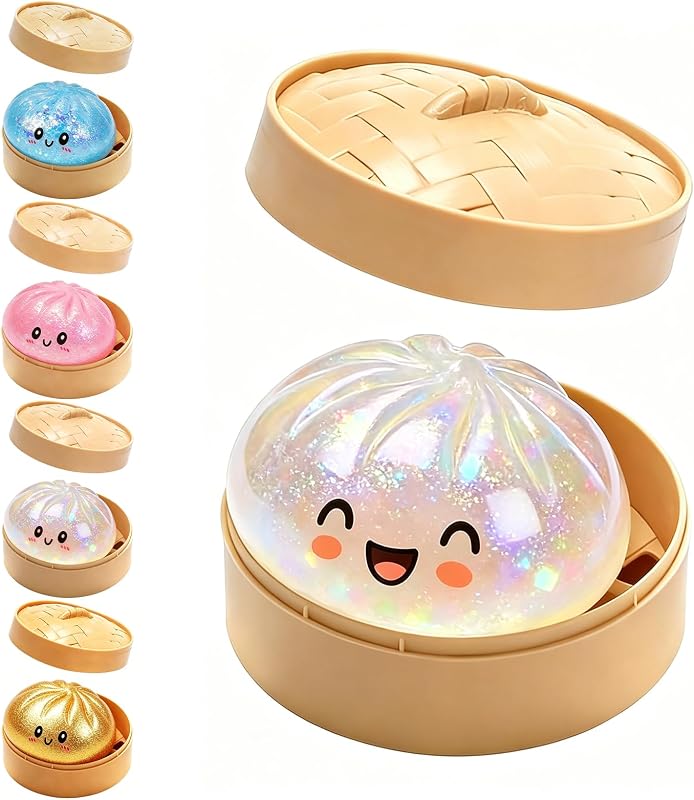 Dumpling Squishies Toy,Glitter Squishy Dumpling Box,Colorful Dumplings Stress Fidget Toys,Soft Anxiety Relief Sensory Squeeze for Adult (White)