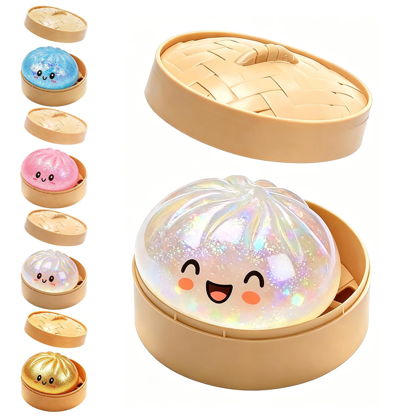 Dumpling Squishies Toy,Glitter Squishy Dumpling Box,Colorful Dumplings Stress Fidget Toys,Soft Anxiety Relief Sensory Squeeze for Adult (White) - 1