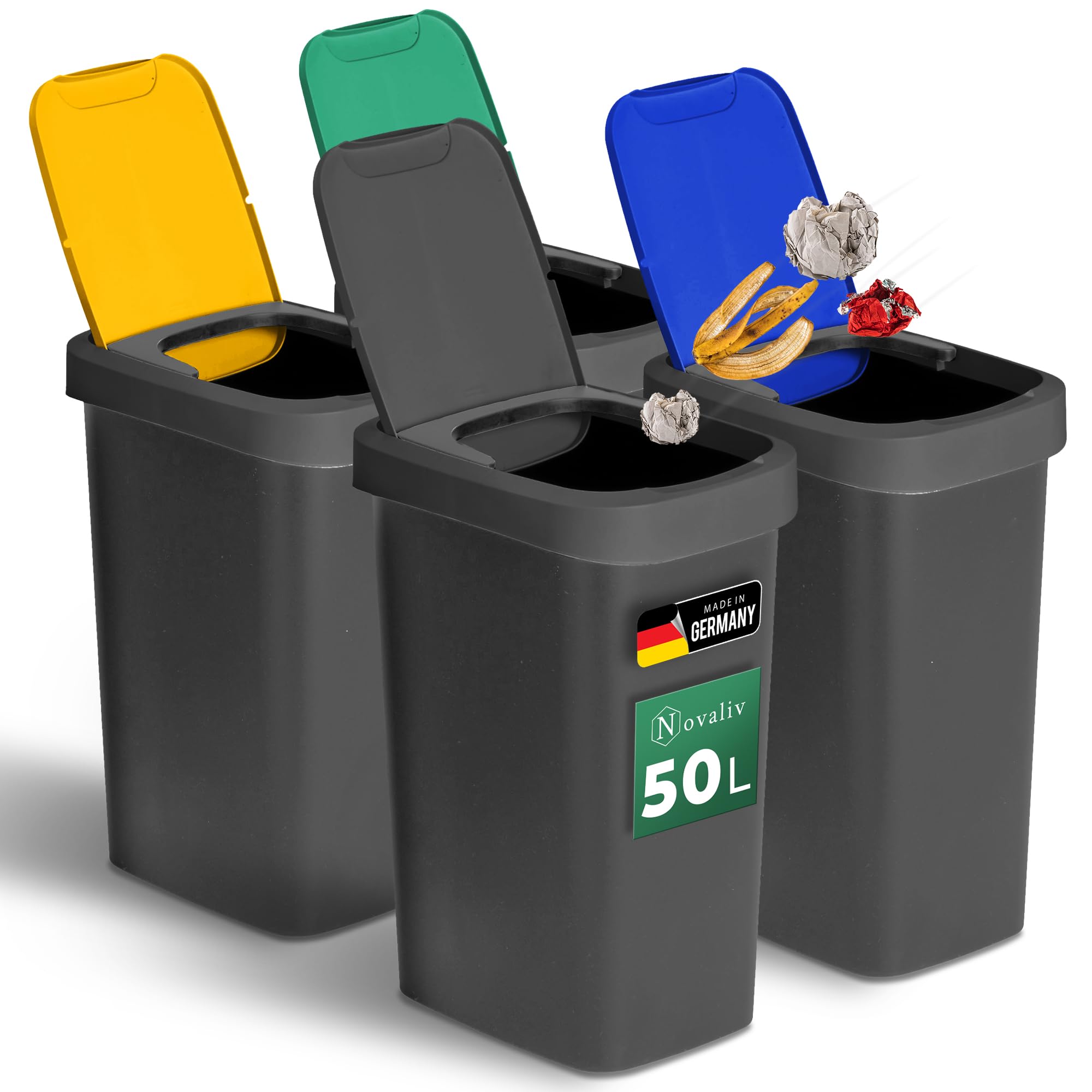 Novaliv Mülltrennsystem 50L 4er Set Mülleimer mit Schwingdeckel, Mülltrennung Küche Abfalltrennung, Schwarz Blau Gelb Grün, Recycling Wertstoff Mülltrennsystem Abfallbehälter Küche Haushalt Büro Müll