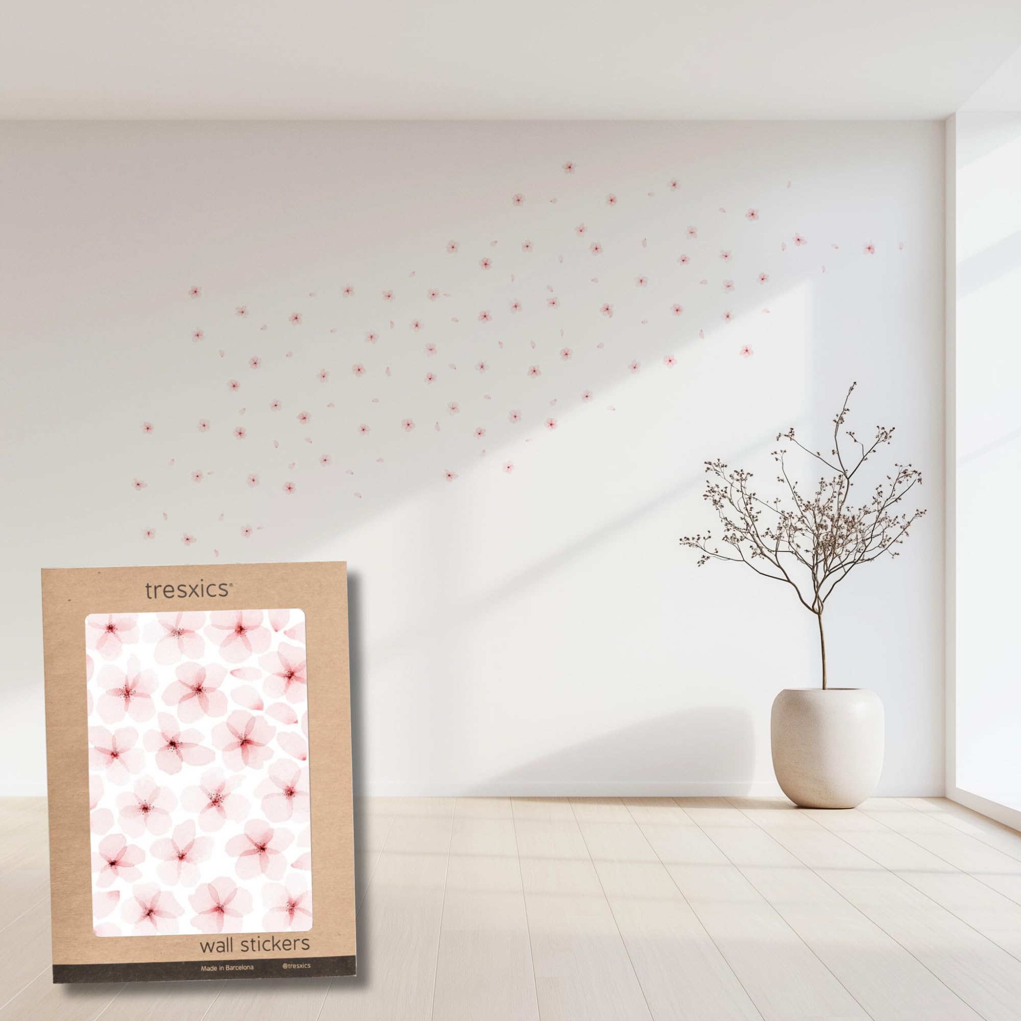 Pegatinas Pared Decorativas Flores Acuarela | 4 Láminas, 72 Flores y 60 Pétalos | Vinilo Adhesivo Pared | Efecto Papel Pintado | Cubre 6 m² | TRESXICS (Rosa)