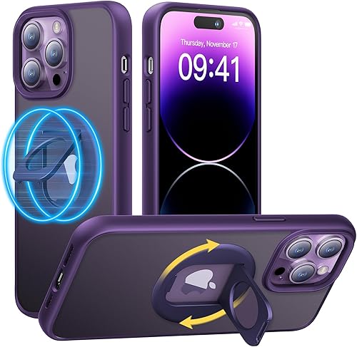 Facbiny Funda magnética diseñada para iPhone 14 Pro, compatible con MagSafe, soporte giratorio de 360, funda translúcida a prueba de golpes, morado disponible en Yaxa El Salvador