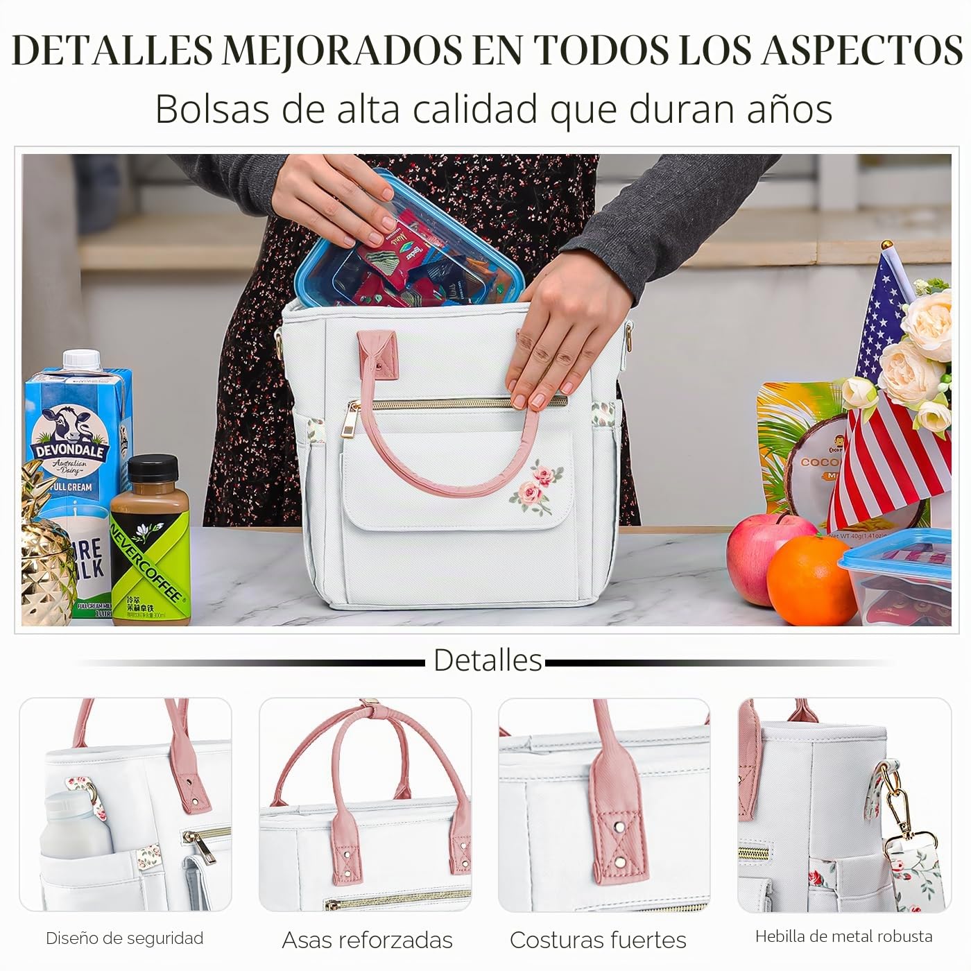 Hihealer Bolsa de almuerzo de lujo para mujer, regalo para el día de la madre, con diseño floral raro, grande, a prueba de fugas, con múltiples bolsillos, con correa extraíble, para trabajo, picnic