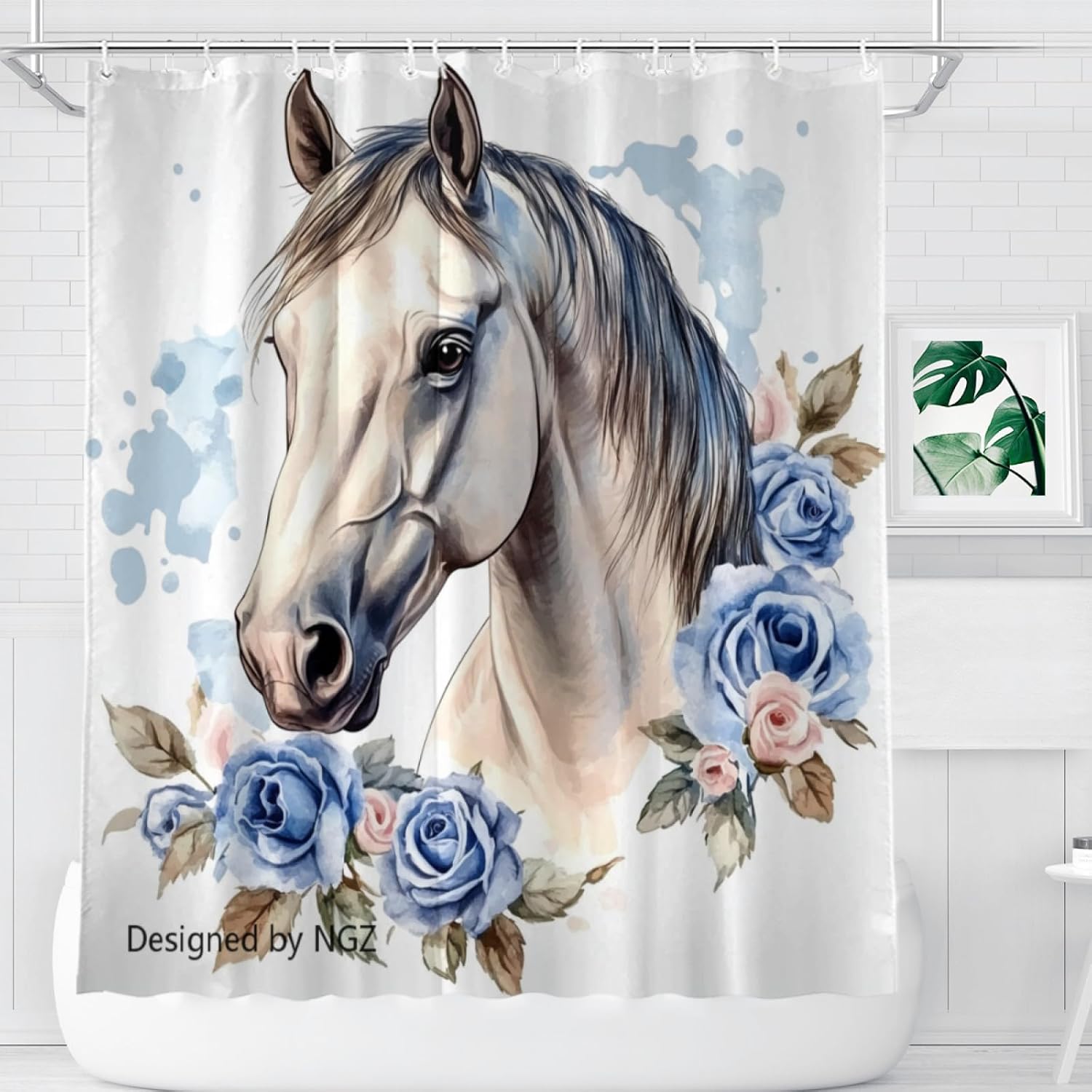 NGZ Valentine Floral Shower Curtain for Decoration, Horse with Blue Rose, 72x72 Inch, Fabric, with 12 Hooks