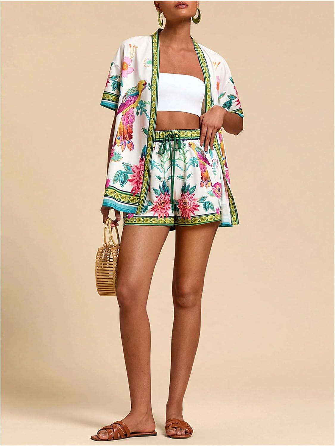 MakeMeChic Women's Tropical Beach Vacation Outfits Summer Two Piece Sets Boho Floral Kimono Tops and Shorts Set - Image 5