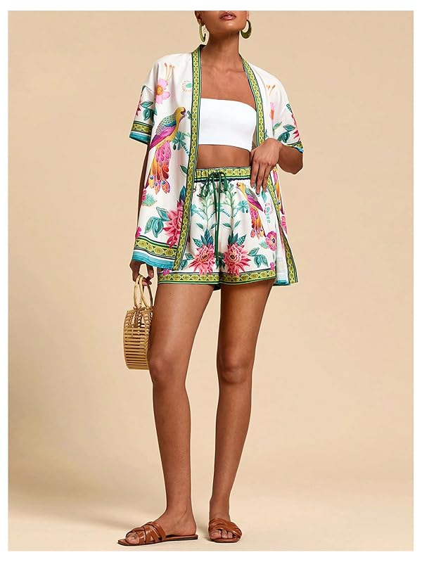 MakeMeChic Women's Two Piece Sets Summer Tropical Vacation Outfits Boho Floral Kimono Tops Shorts Set Multicolor Large by MakeMeChic - Used condition - Image 5