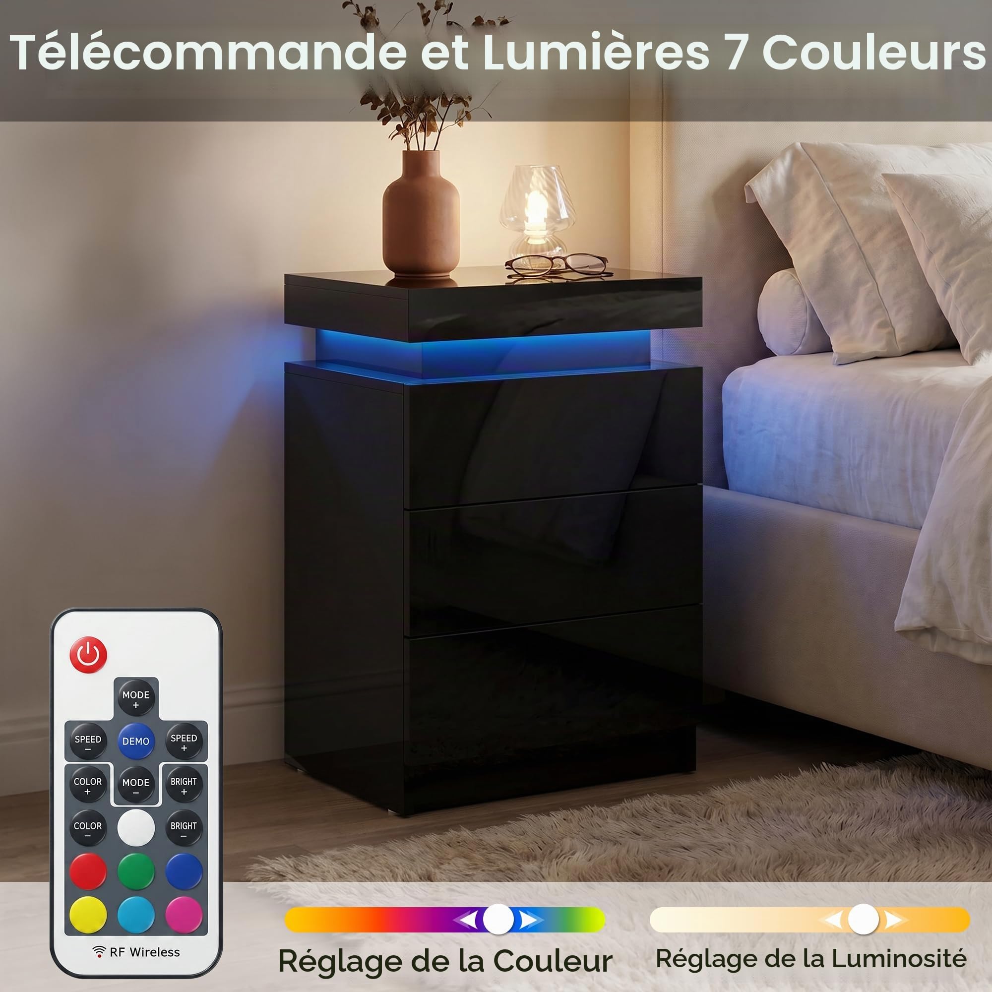 TUKAILAi Lot de 2 Table de Chevet LED avec 3 Tiroirs, Table de Nuit LED Connectee Chambre à Coucher, Commode Chambre LED Connectée pour Adulte, Chevet de Lit à Ports USB Salon Bois Cadeau (Noir)