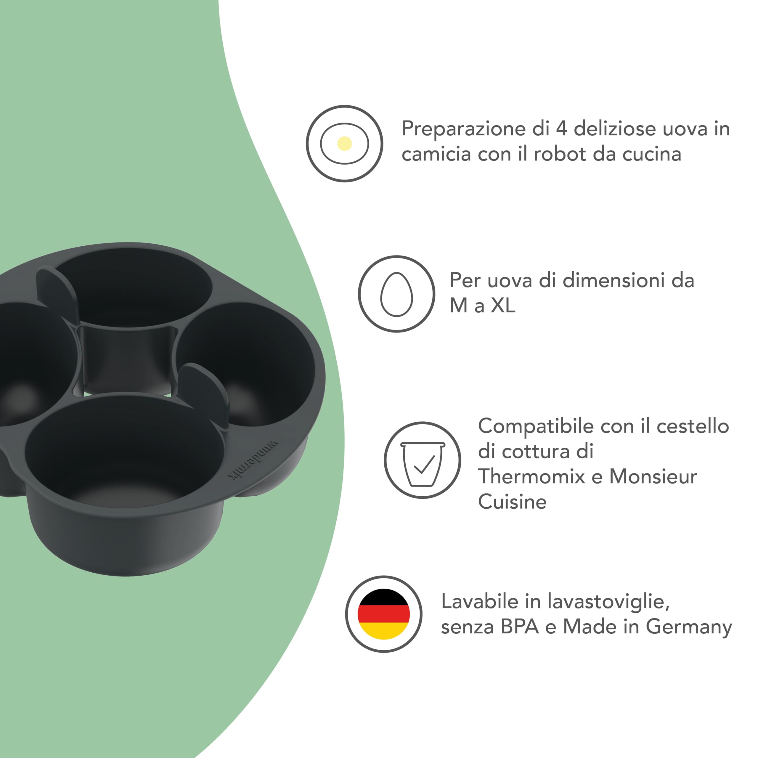 Wundermix WunderPoach per quattro Inserto uova in camicia Bimby | E Monsieur Cuisine, caldaia per uova, accessori Thermomix e MC, per 4 uova