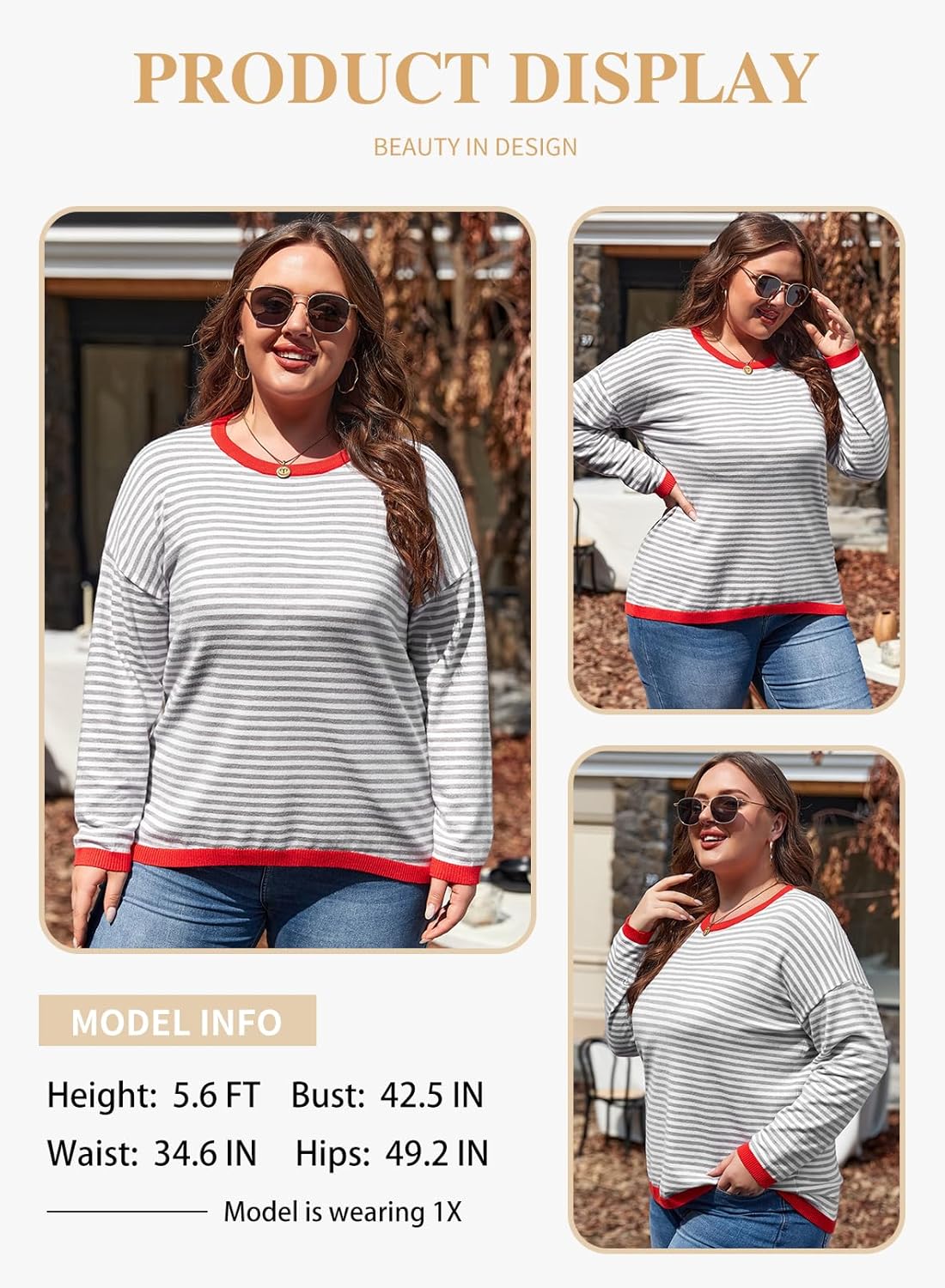 Eytino Plus Size Sweaters for Women Casual Striped Color Block Long Sleeve Round Neck Pullover Jumpers Tops(1X-5X) - Image 3