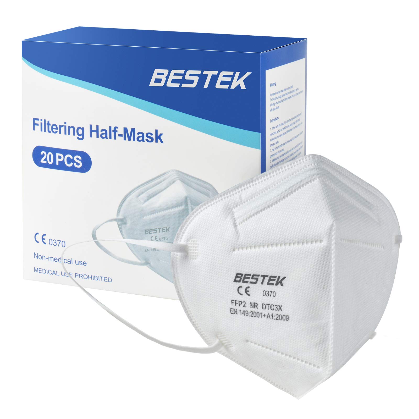 BESTEK FFP2 Mask, SGS & CE 0370 Certificated, 5-Layer 95% Filtration, EN 149:2001 and A1:2009 Compliant, Breathable Dust R...