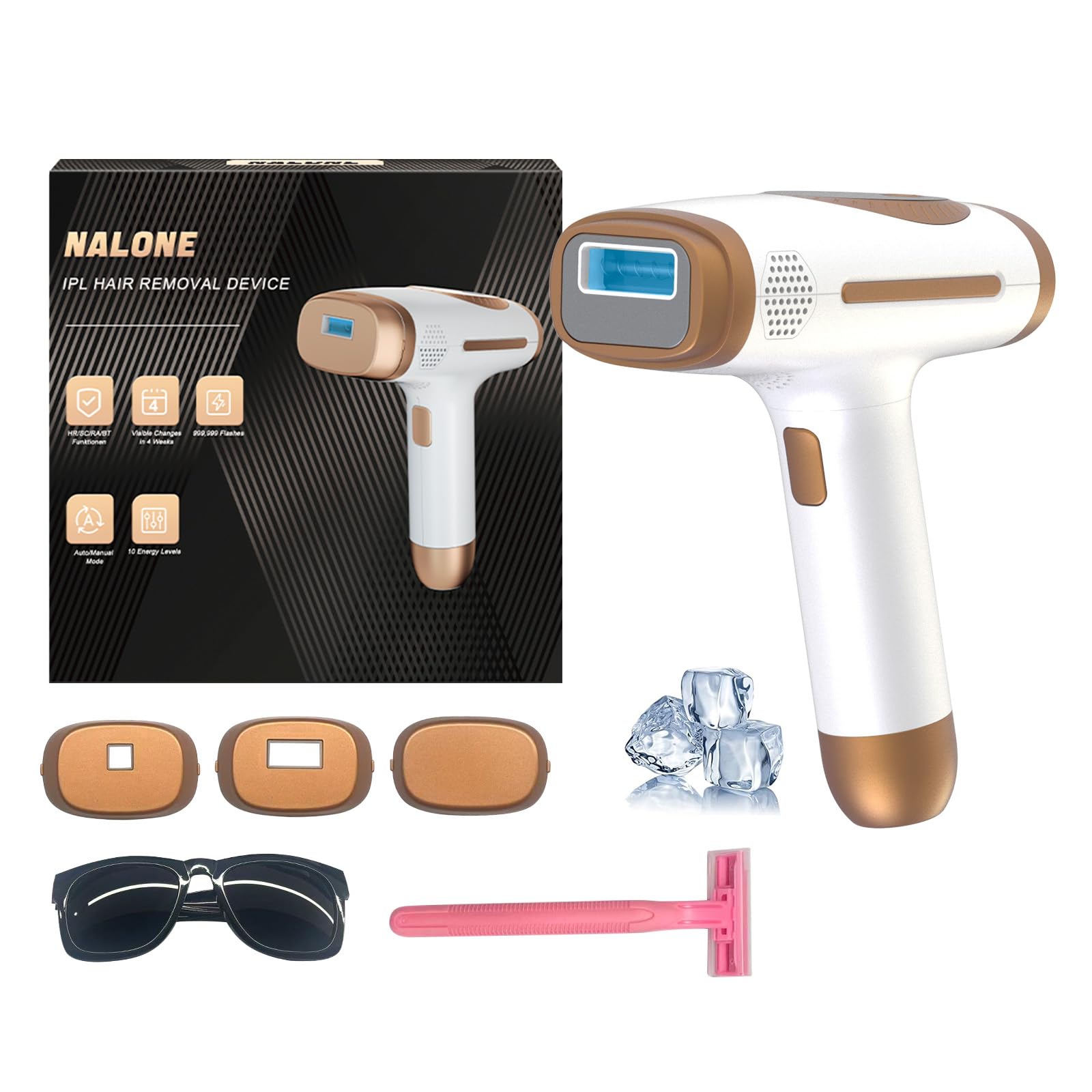 NALONE Depiladora Laser IPL con Refrigeración, Depiladora Luz Pulsada4 en 1 HR/SC/RA/BT con 10 Niveles de Energía, Laser Depilacion para Mujeres y Hombres para Bikini, Axilas, Cara, Cuerpo (Blanco)
