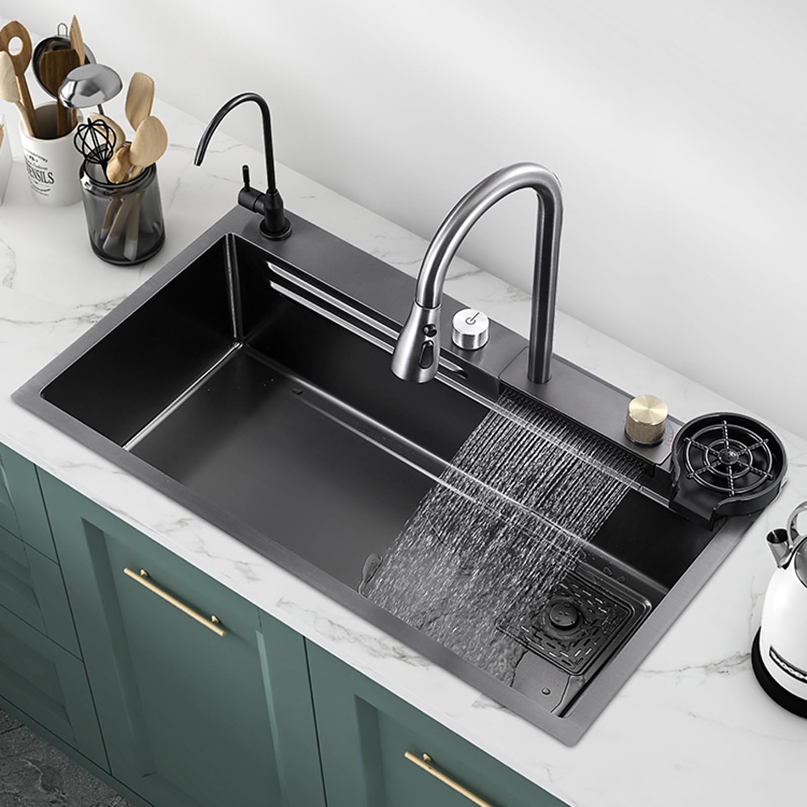Évier cuisine en acier inoxydable 304 finition brossée avec mitigeur cascade haut de gamme