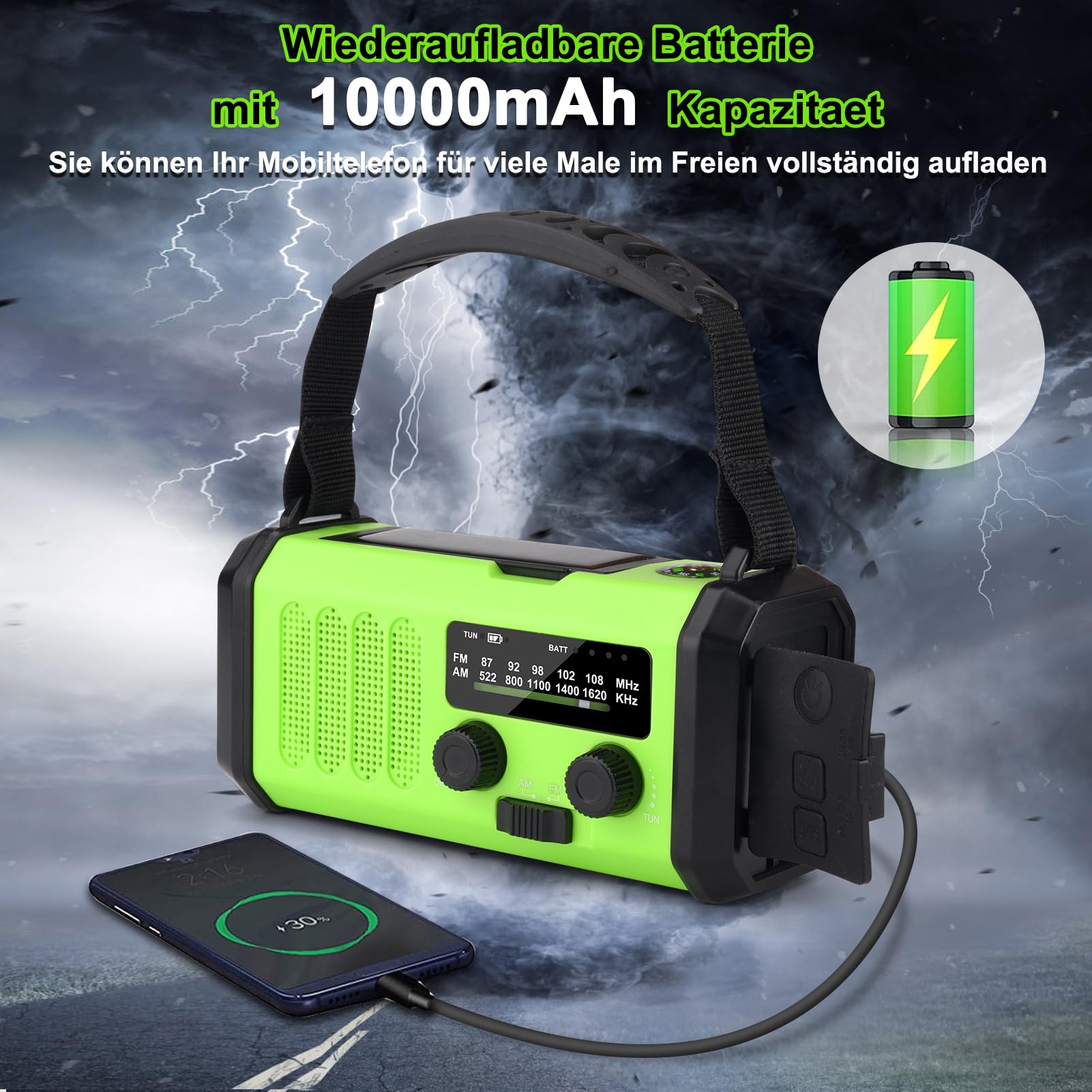Radio Solaire Portable 10 000 mAh - Radio à manivelle AM/FM - avec Batterie Externe Rechargeable de 10 000 mAh - 3 Modes - Lampe de Poche LED - Lampe de Lecture LED - Alarme SOS, manivelle Dynamo et