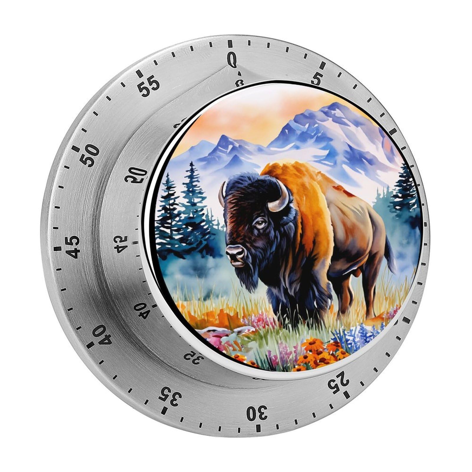 Watercolor Bison Mountain Wildlife 60 Minute Wind Up Timer,Visual Mechanical Magnetic Timer with Loud Alarm for Kitchen