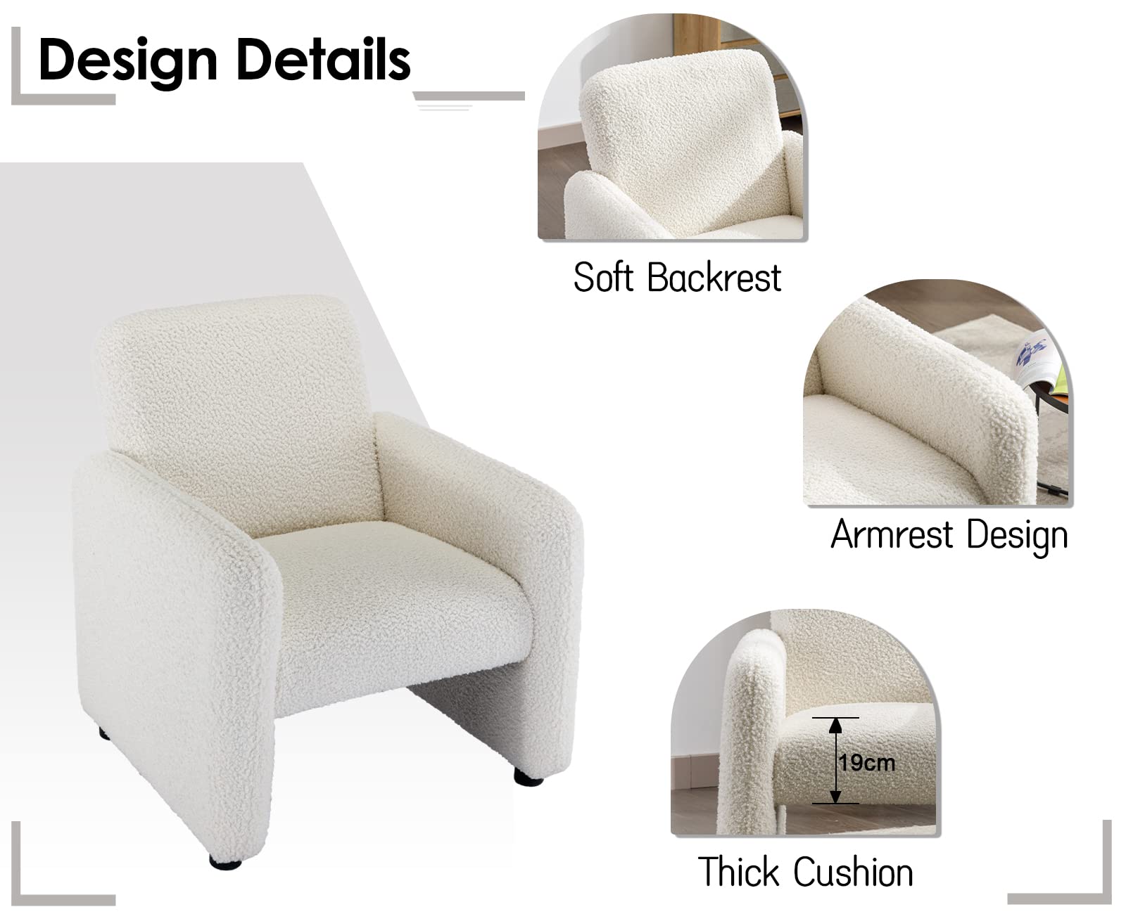 Wahson Poltrona Imbottita Moderna Sedia da Salotto con Braccioli Poltroncina in tessuto sherpa Divanetto per Camera da Letto/Soggiorno, Bianca