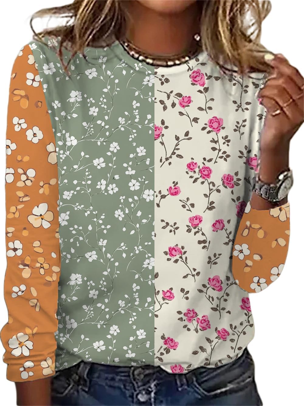 Womens 3/4 Sleeve Tops Boho Floral Print Splice Crewneck Casual Shirts for Women Vintage Trendy Blouse