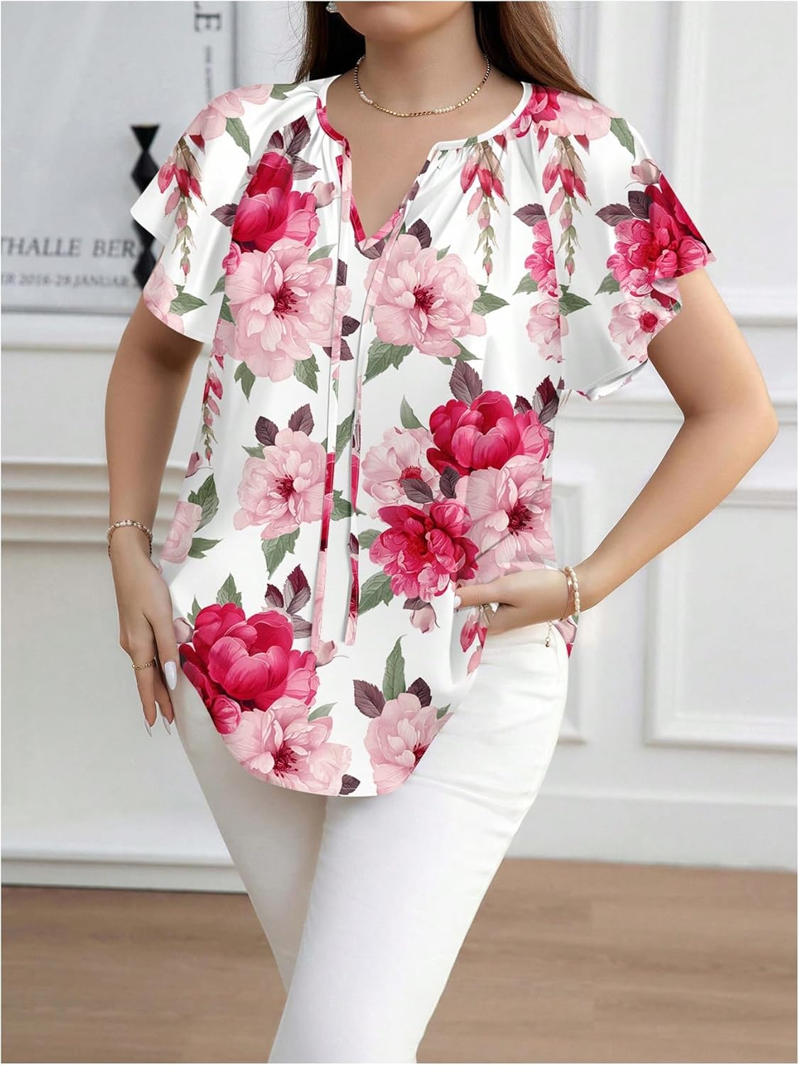 Floerns Women's Plus Size Floral Tie Neck Blouse Ruffle Short Sleeve Elegant Shirt Tops - Image 5
