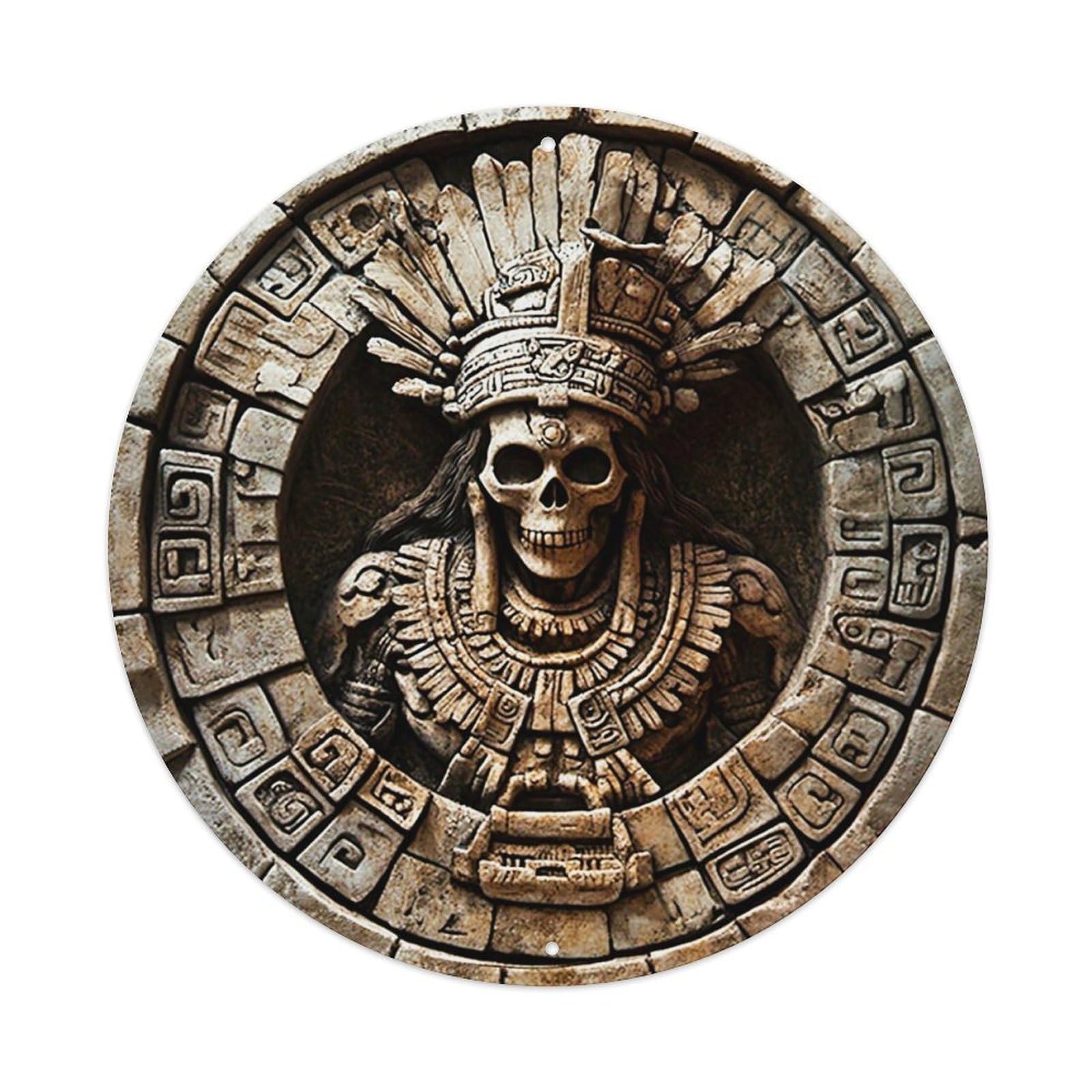 Ancient Aztec Skull Stone Carving Vintage Metal Tin Sign Retro Wall Decor for Home Bar Garage Cafe, Indoor & Outdoor Decorative，circle Metal Poster, 8x8 Inch